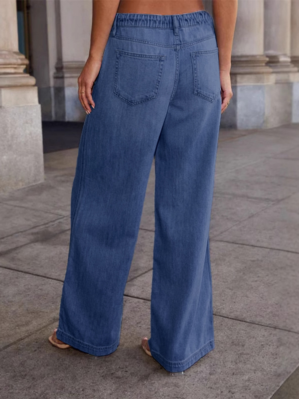 Drawstring Elasticity Split-Joint High Waisted Loose Jean Pants Bottoms