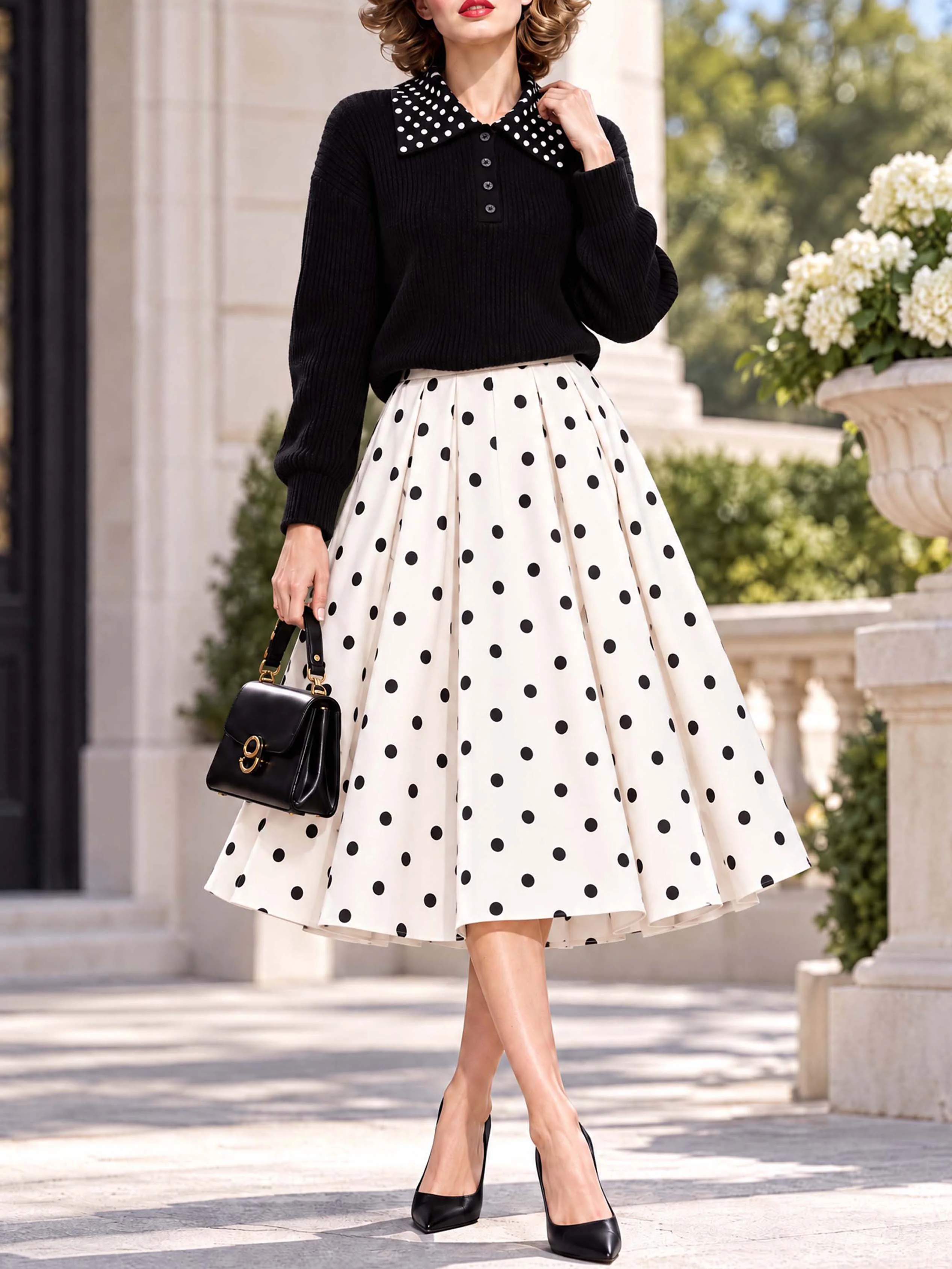 Retro Classic Polka‑Dot Swing Midi Skirt - jugjet