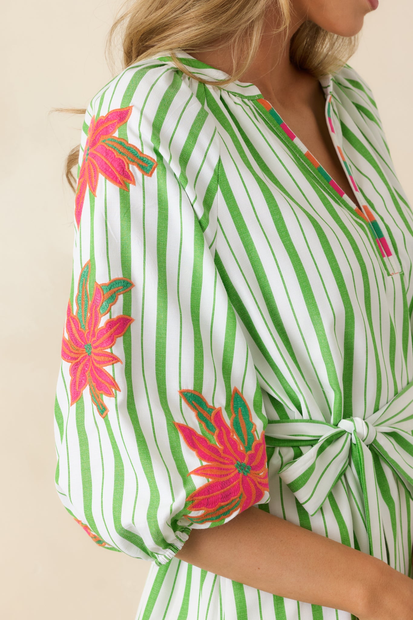 Having a Bright Outlook Green Stripe Floral Midi Dress - gazingly