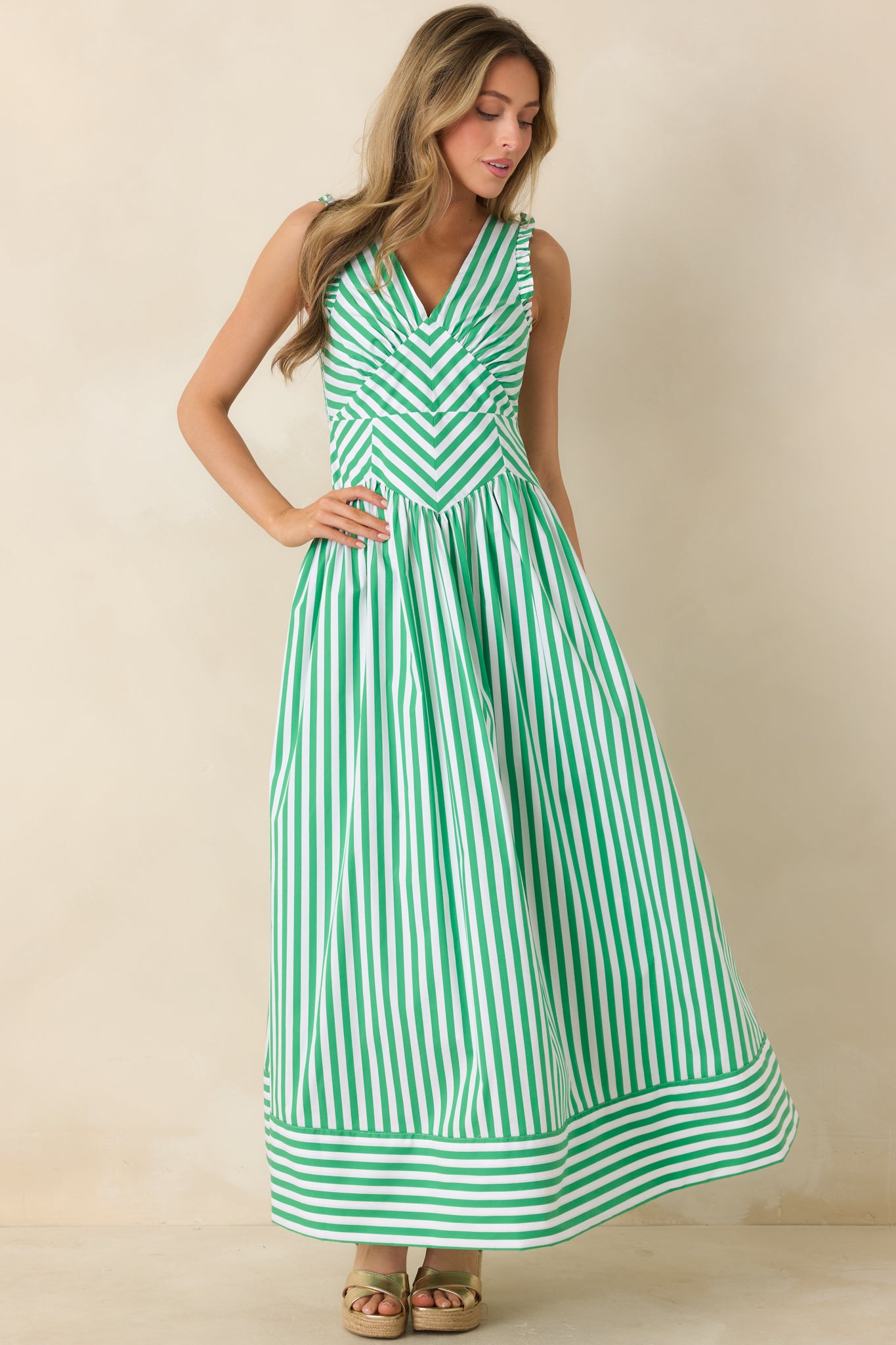 Green Stripe Cotton Blend Sleeveless Maxi Dress - gazingly