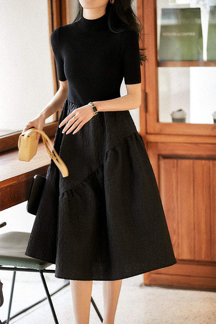 Mock Neck Embossed Docking Knit Dress - gazingly