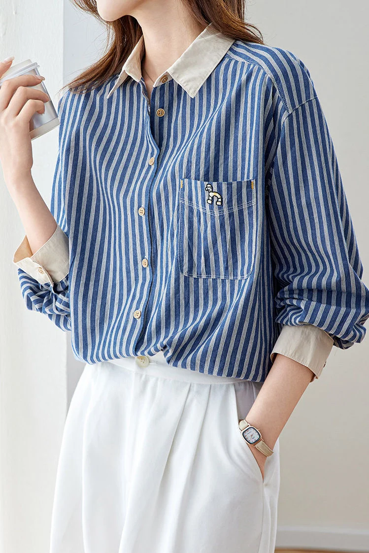 Elegant Casual Color‑Blocked Lapel Long‑Sleeve Striped Shirt - gazingly