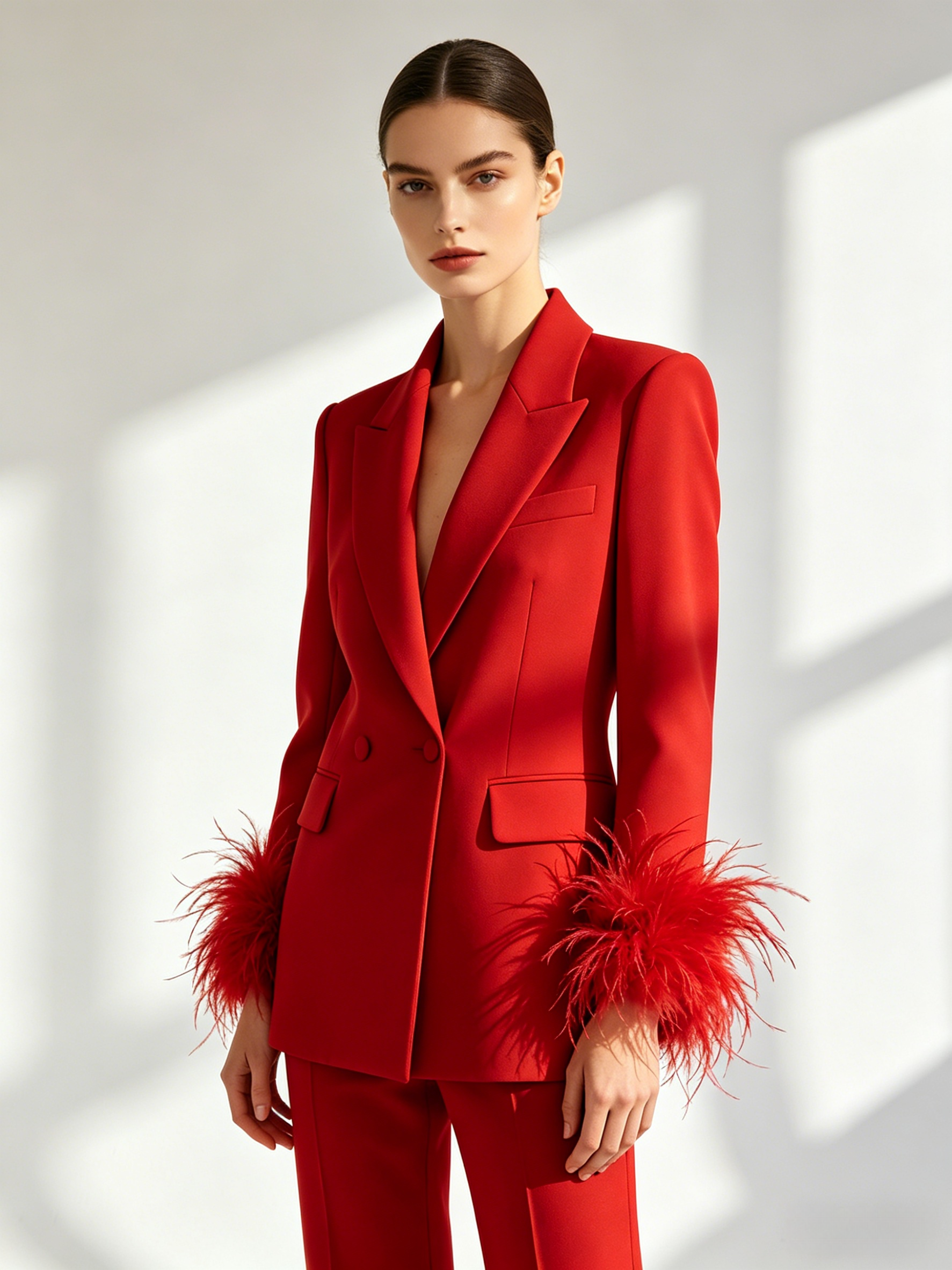 Radiance Red Feather Cuff Blazer & Pants Set