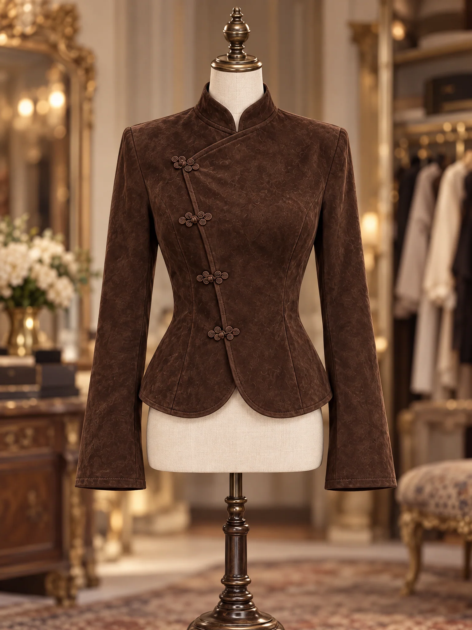 Faux Suede Frog Button Mandarin Collar Peplum Jacket - jugjet