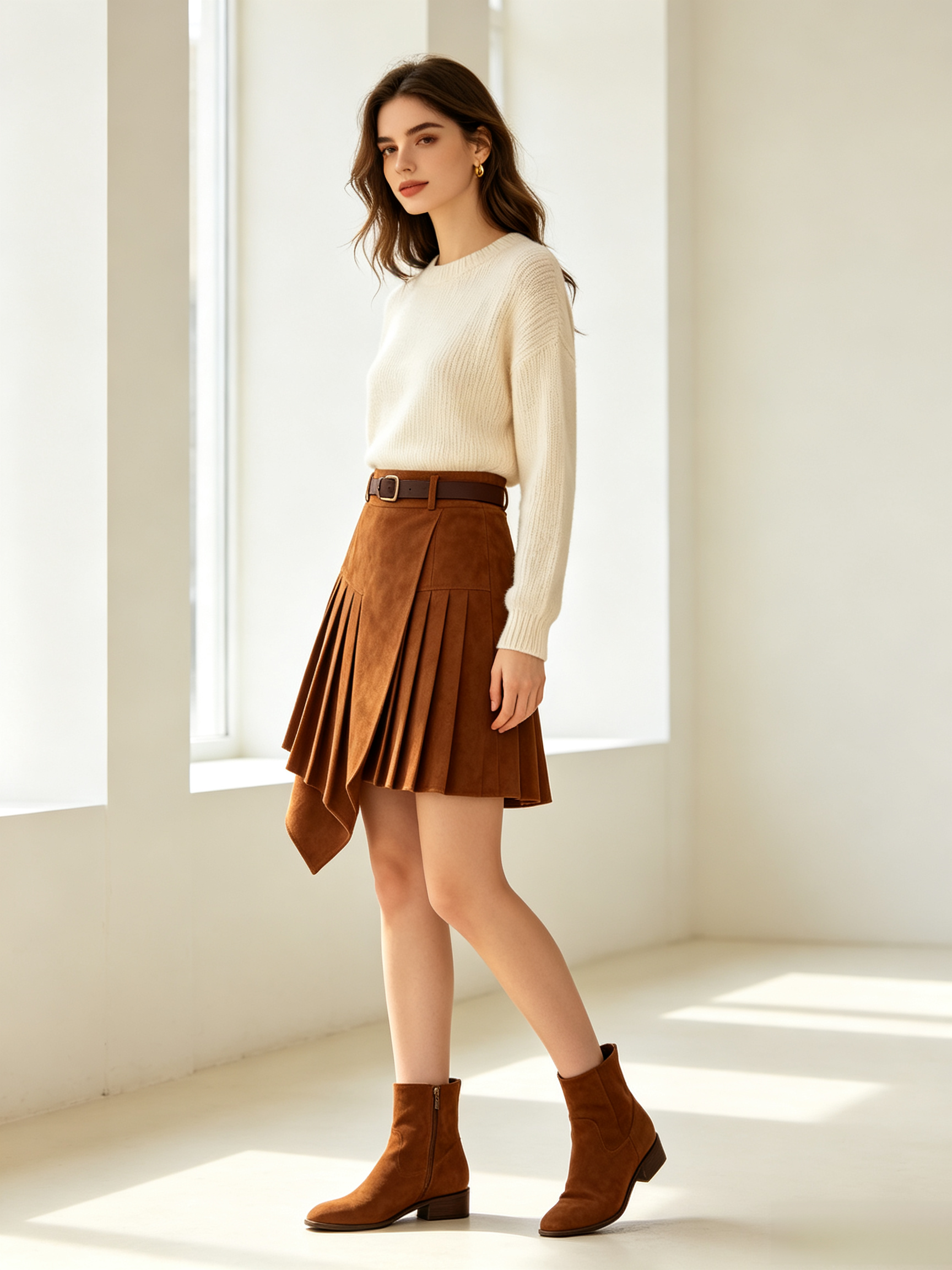 Asymmetric Pleated Suede Effect Mini Skirt