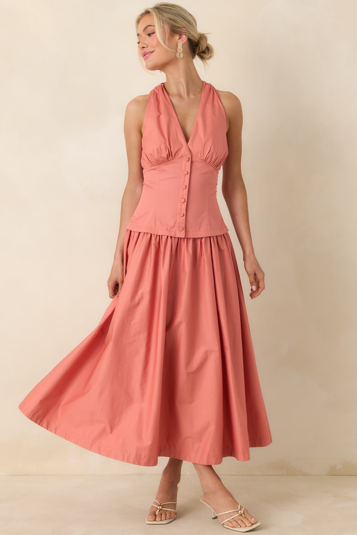 In the Warm Breeze Coral Orange Cotton Structured Bodice Sleeveless Midi Dress - gazingly