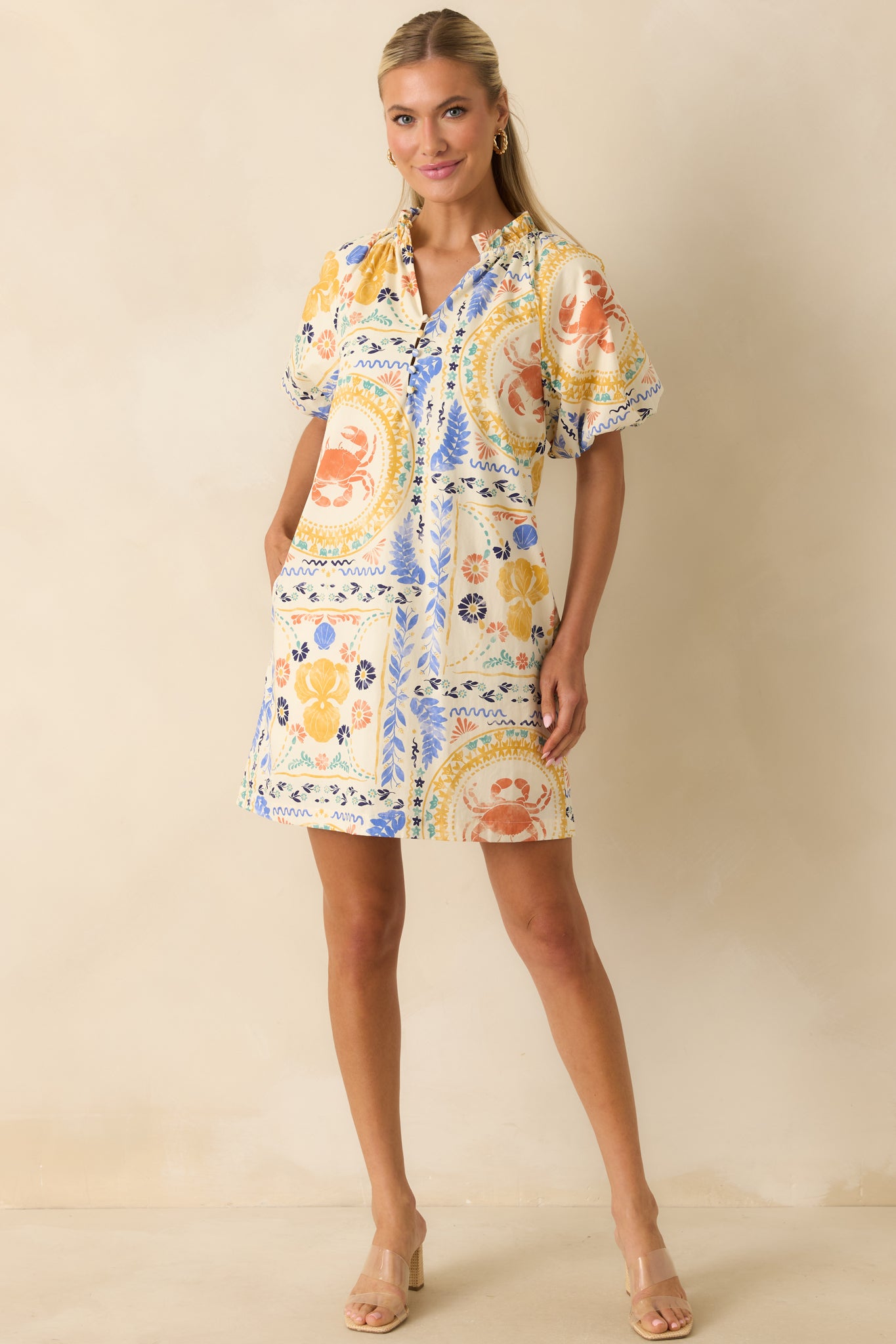 Multi Cotton Coastal Print Mini Shift Dress - gazingly