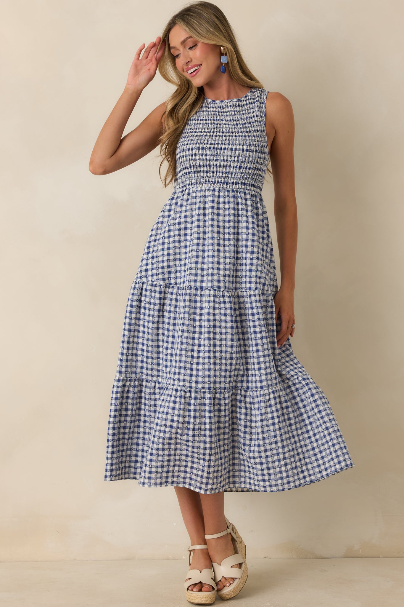 Blue Gingham Eyelet Cotton Midi Dress - gazingly
