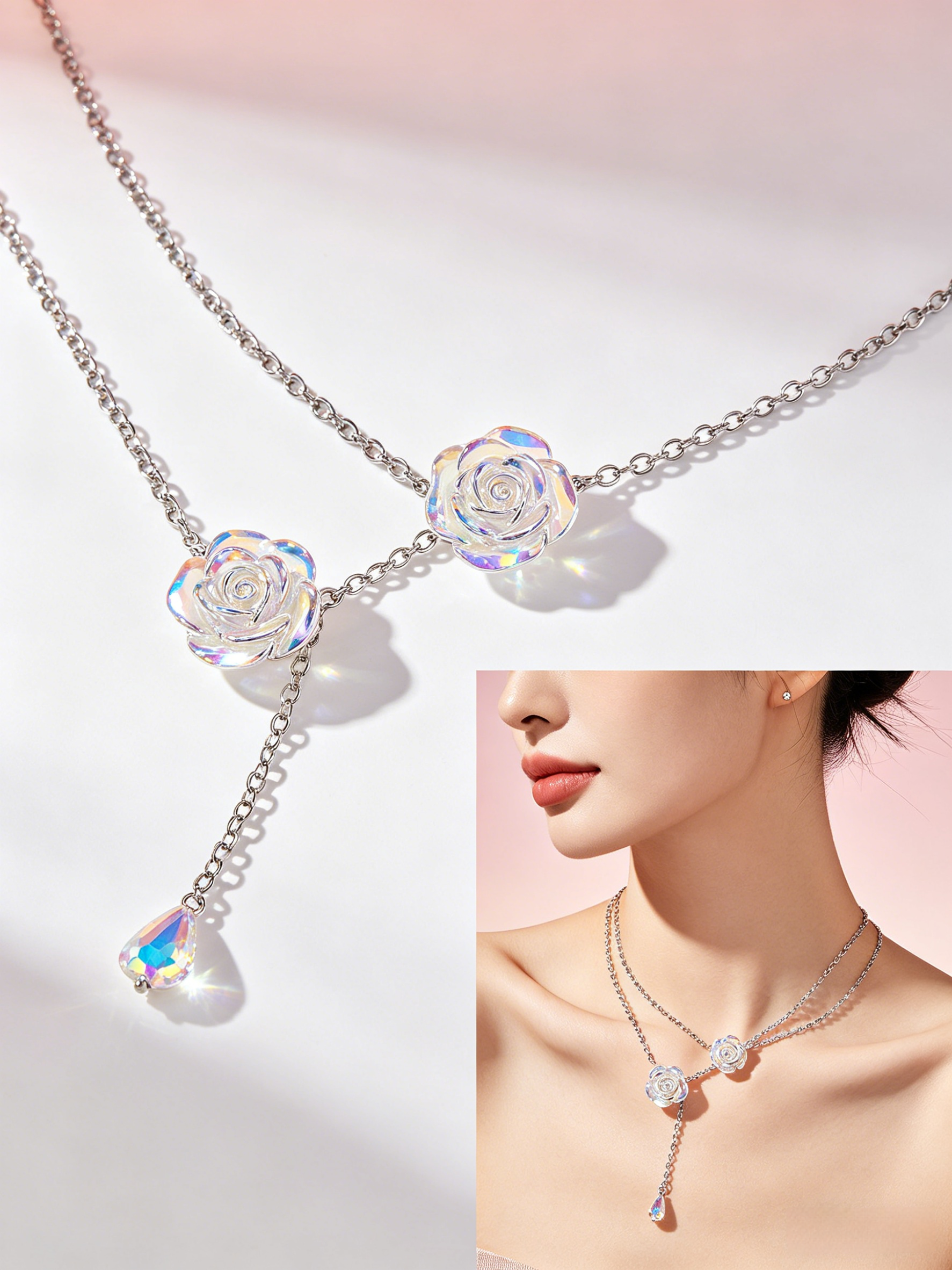 Two-Pack Rose Rhinestones Necklace Set