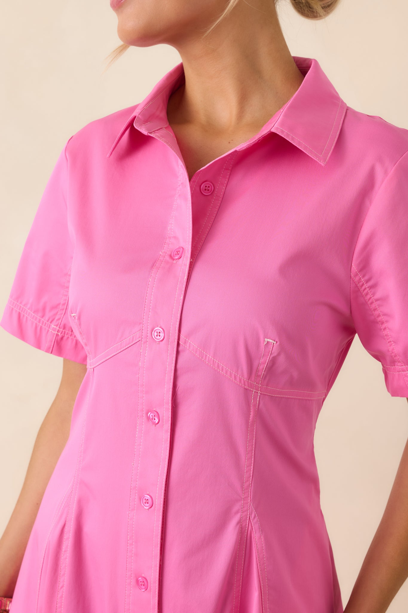 Make It Look Easy Pink Short Sleeve Midi Shirt Dress - gazingly