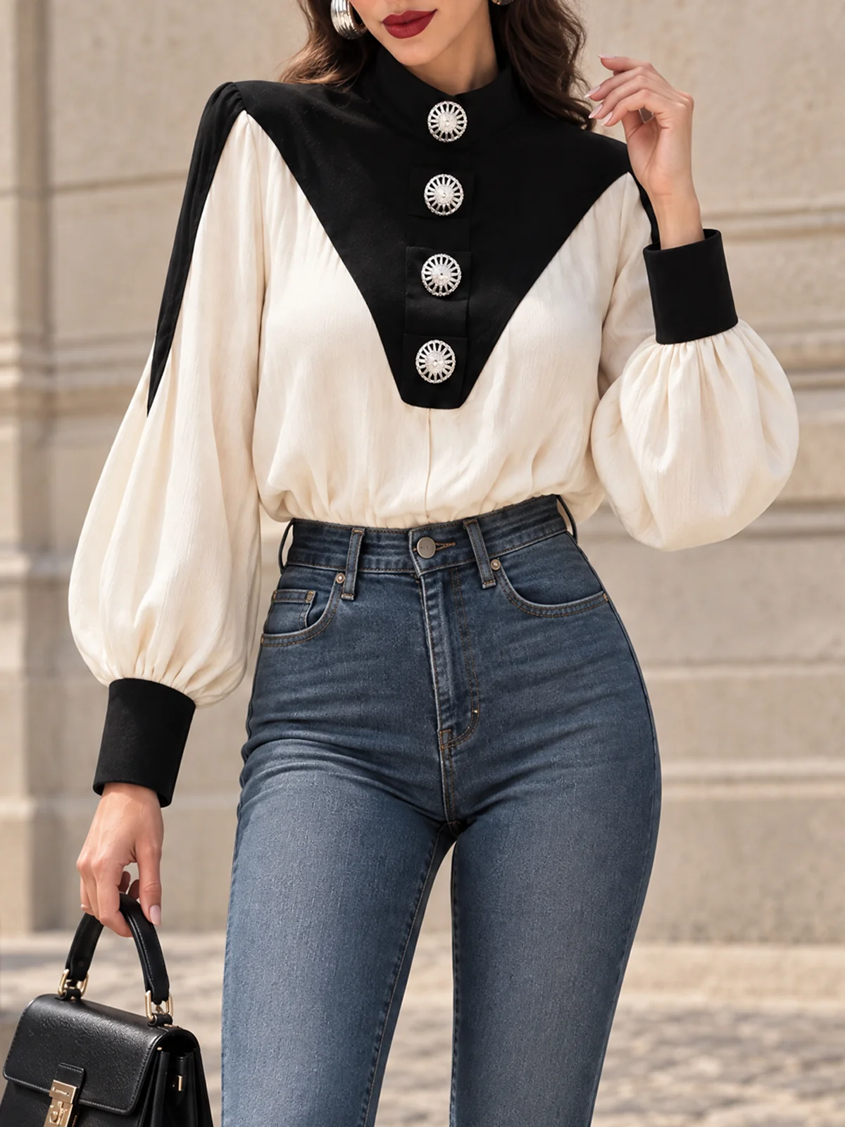 Colorblock Stand-Collar Blouse - jugjet