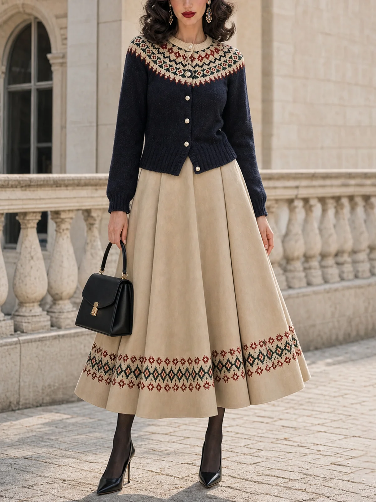 Fair Isle Hem Faux Suede Midi Skirt - jugjet