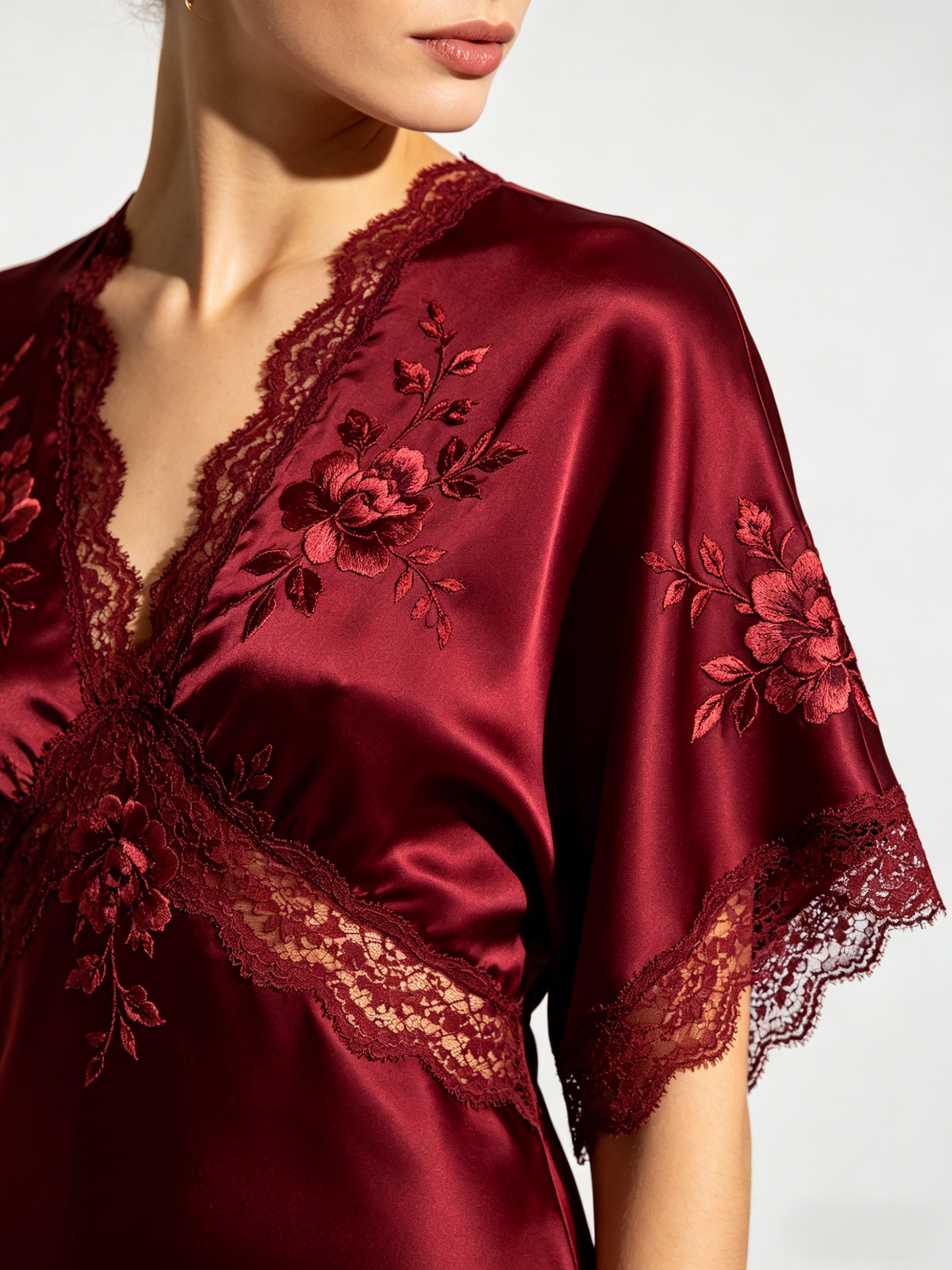 Evenings Burgundy Floral Applique Satin Top & Lace Skirt Set
