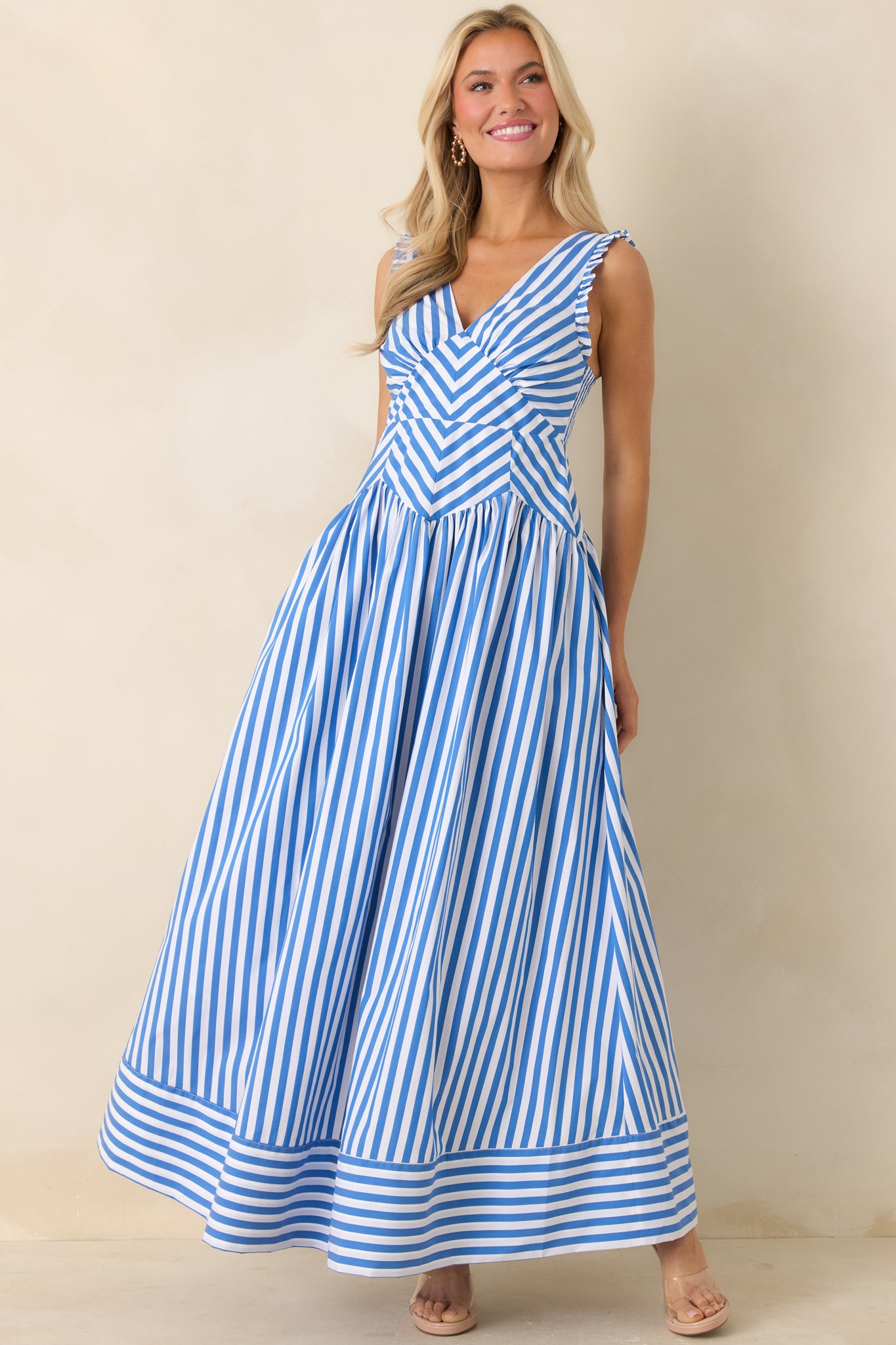 Blue Stripe Cotton Blend Sleeveless Maxi Dress - gazingly