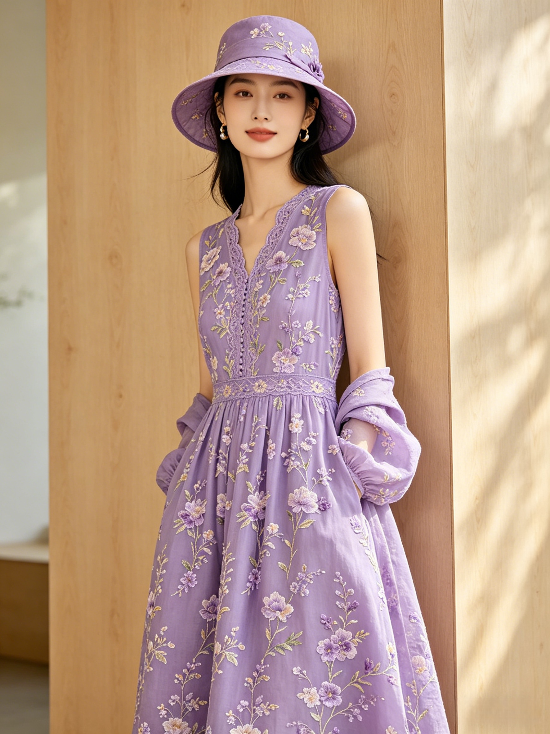 Purple Floral Embroidered Cap Sleeve Midi Dress