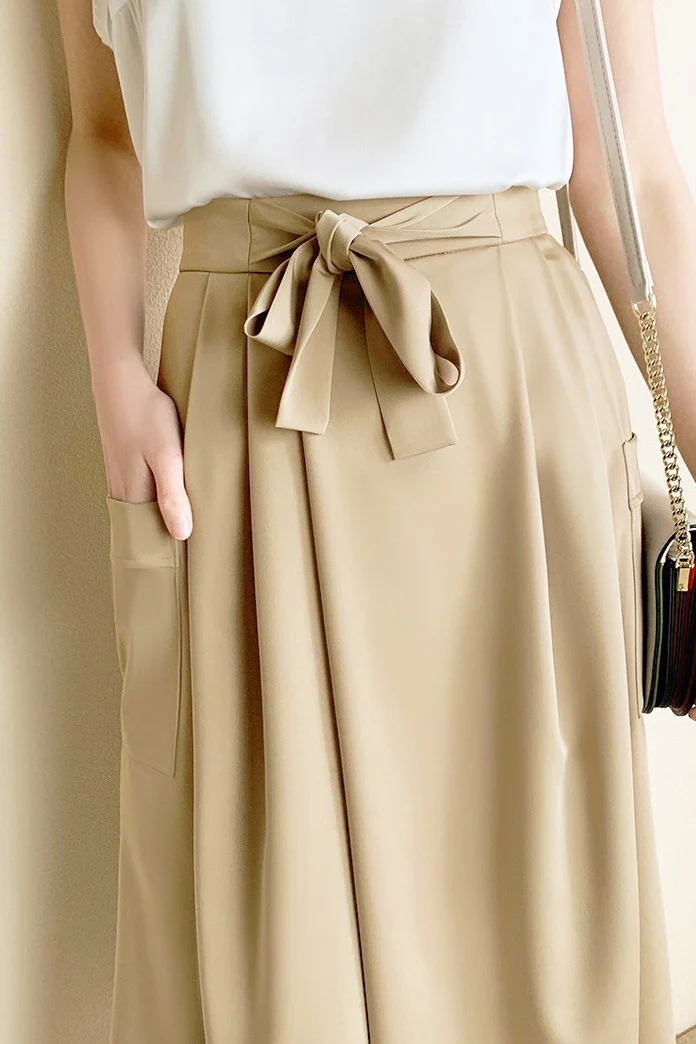 Solid color tie waist wide-leg skirt pants - gazingly