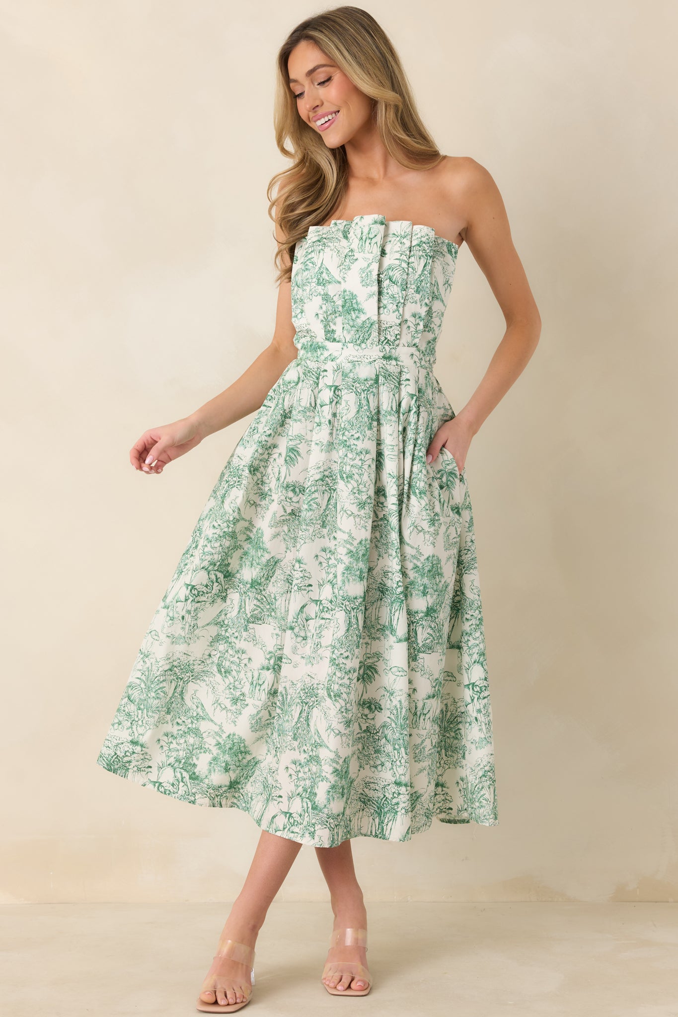 Cotton Green Toile Strapless Midi Dress - gazingly