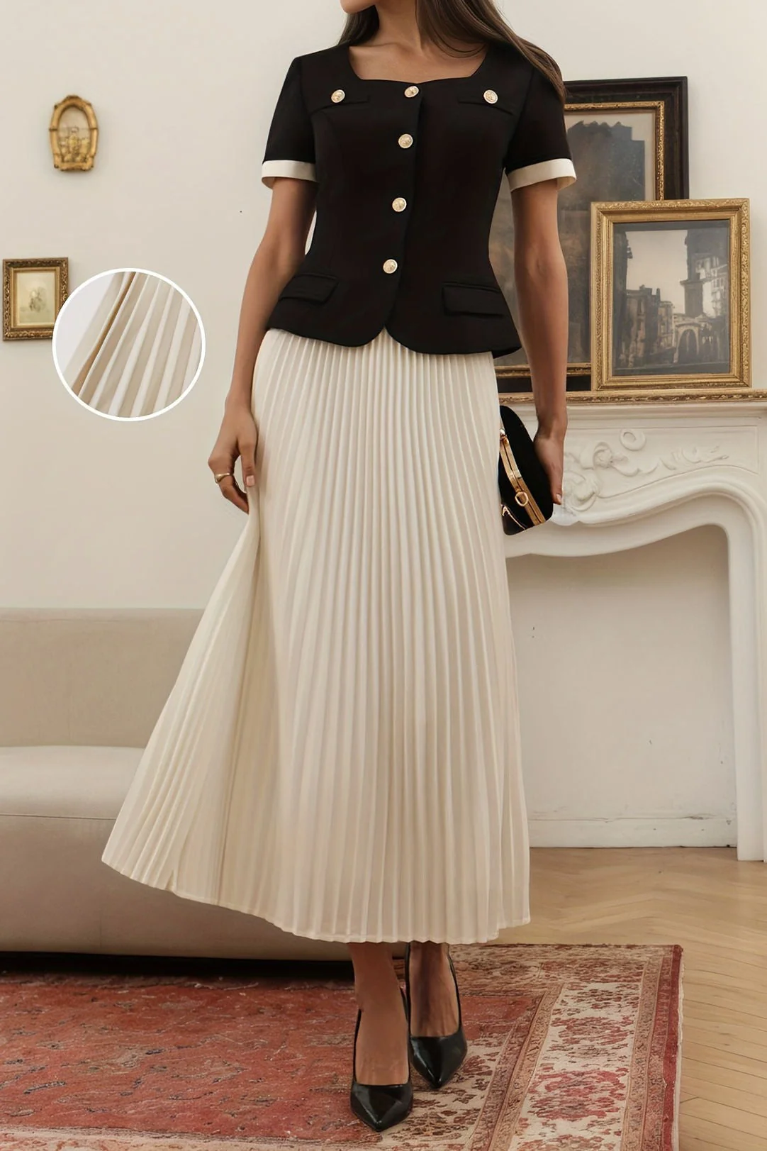 Elegant Color-Block Pleated Blouse & Midi Skirt Two-Piece Set - gazingly