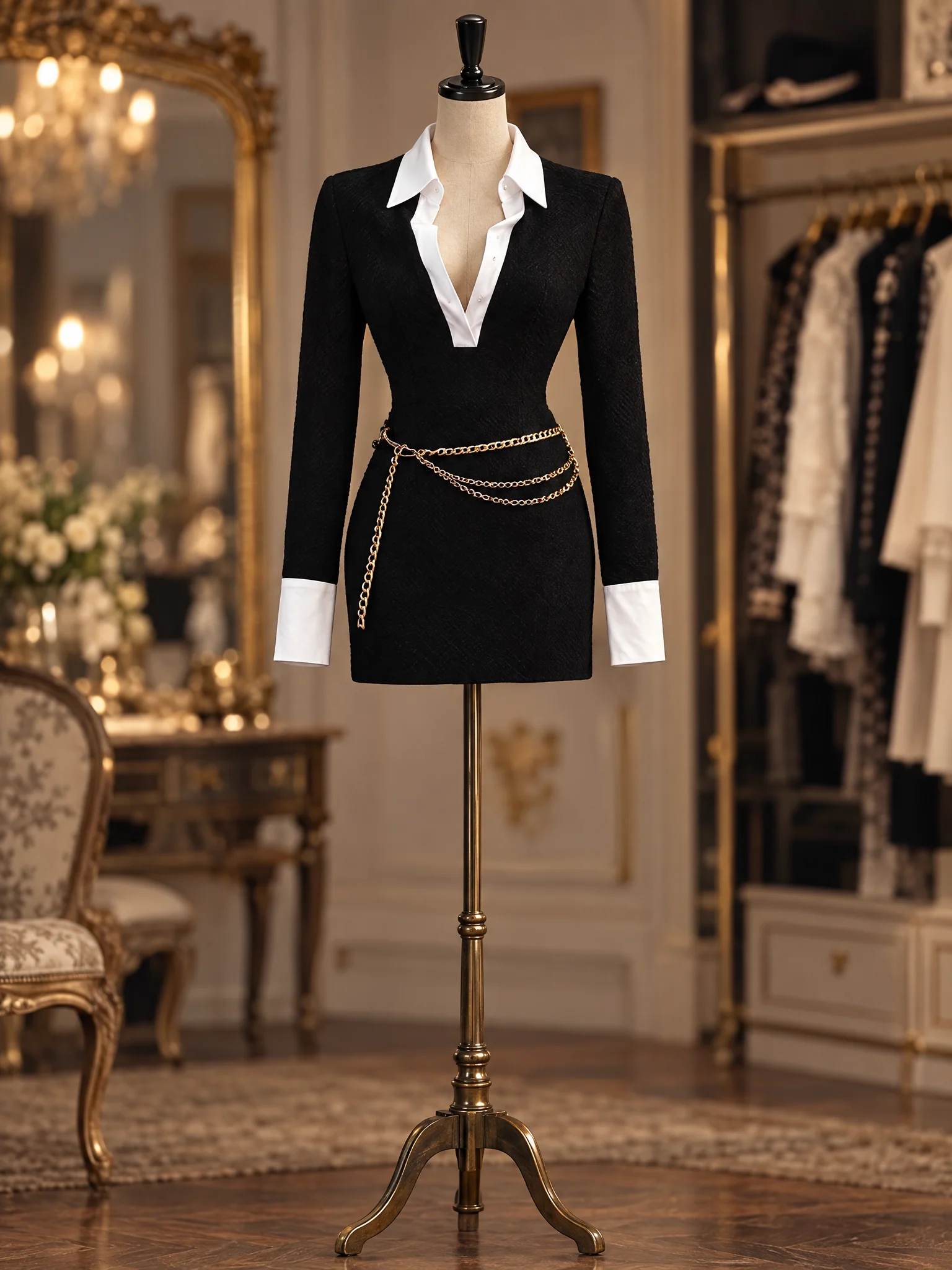 Black White Contrast Collar Long Sleeve Bodycon Mini Dress - jugjet