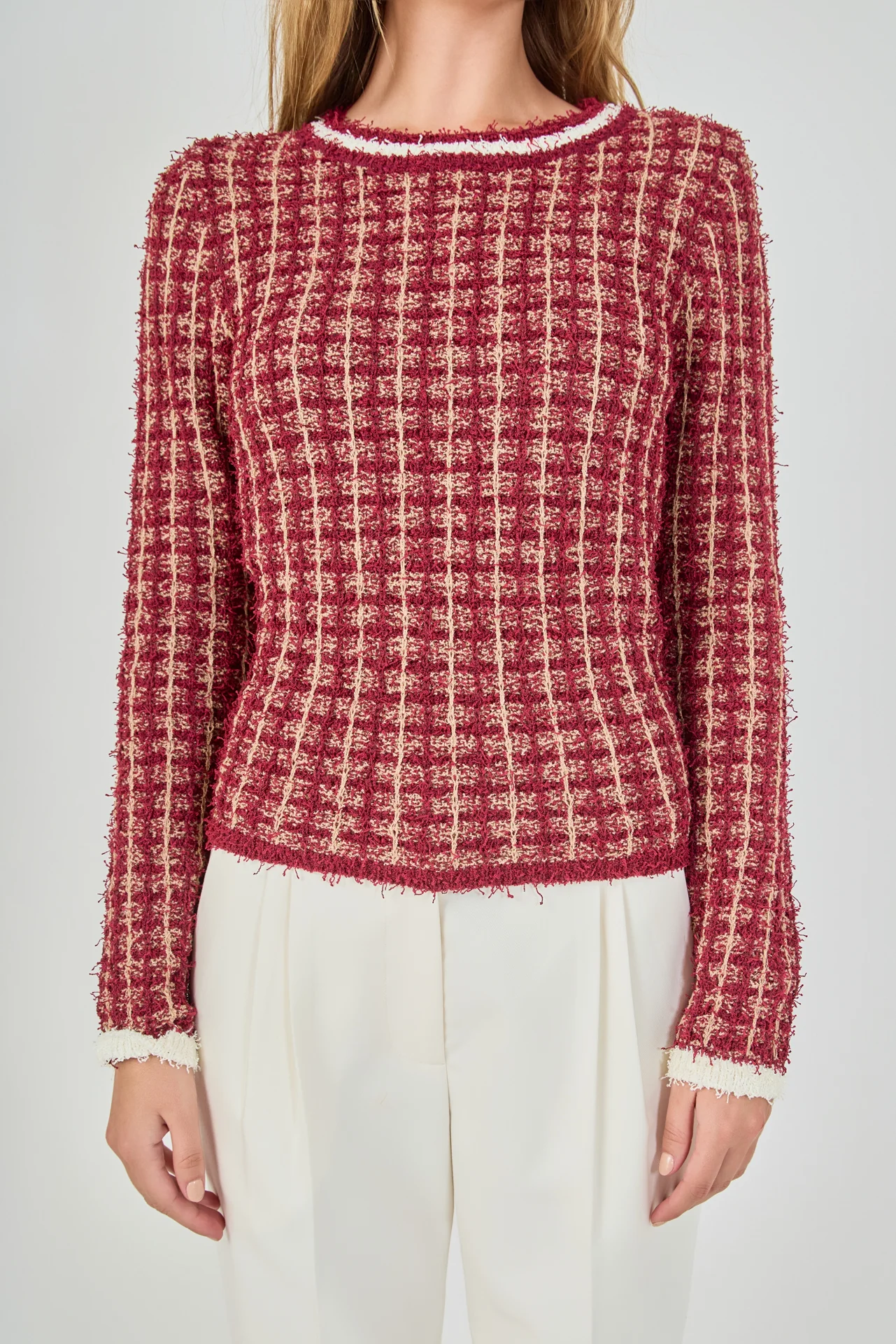 Textured Check Knit Sweater - vipsense