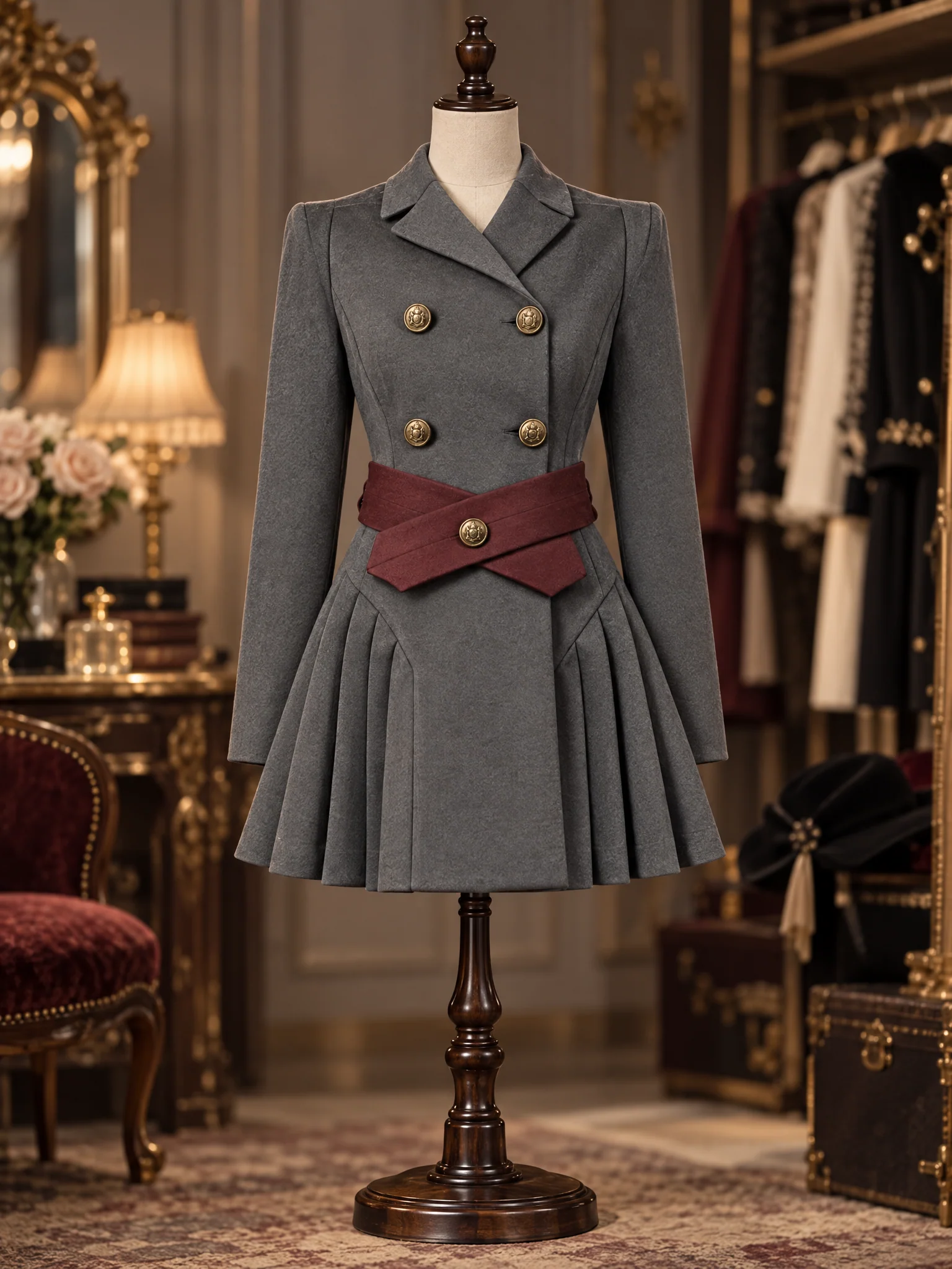Grey Wool Blend Double Breasted Belted Mini Dress - jugjet