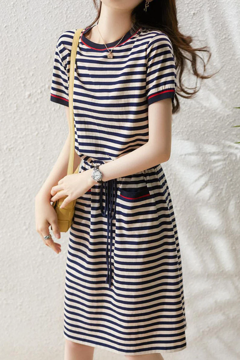 Casual Striped Fitted Waist Dress - gazingly