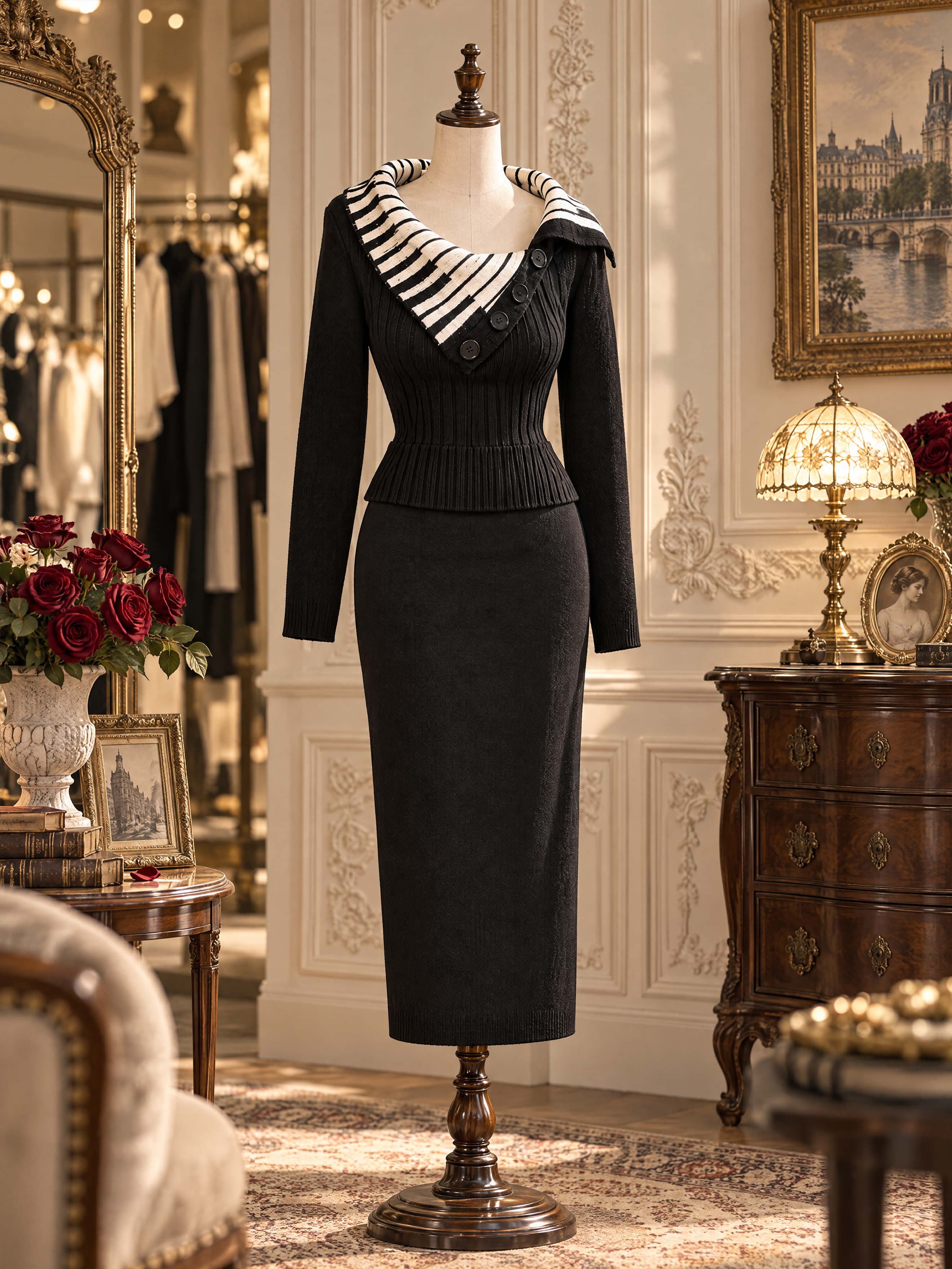 Retro Piano Key Collar Button Ribbed Knit Sweater - jugjet
