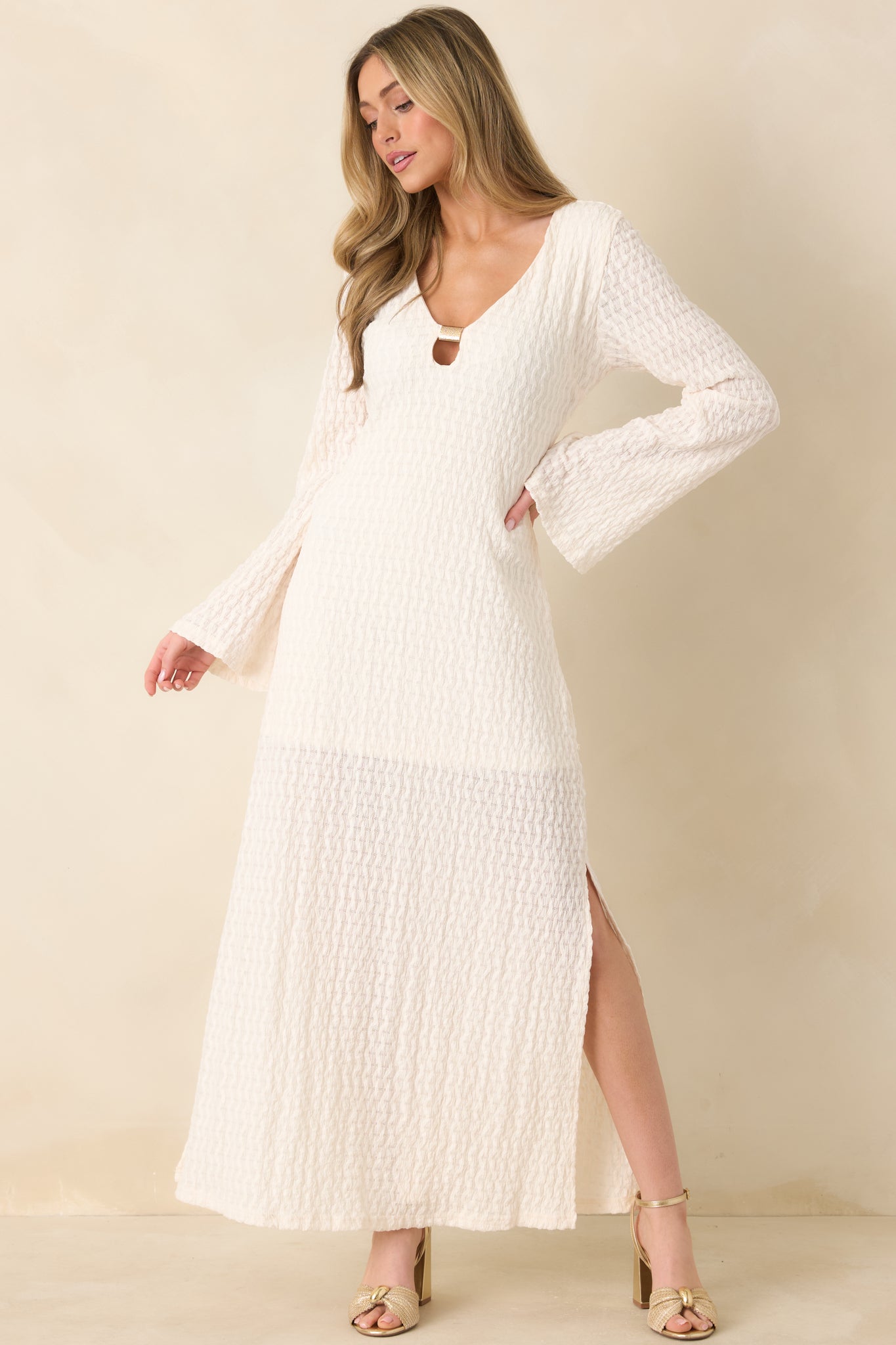 Just a Hint of Glam Ivory Textured Semi-Sheer Long Sleeve Maxi Dress - gazingly