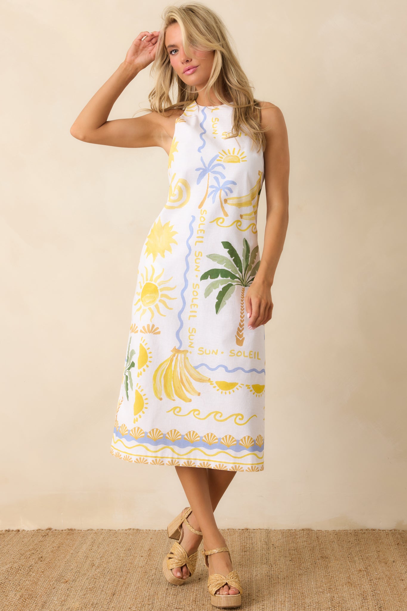 White Multi Linen Blend Tropical Print Midi Dress - gazingly
