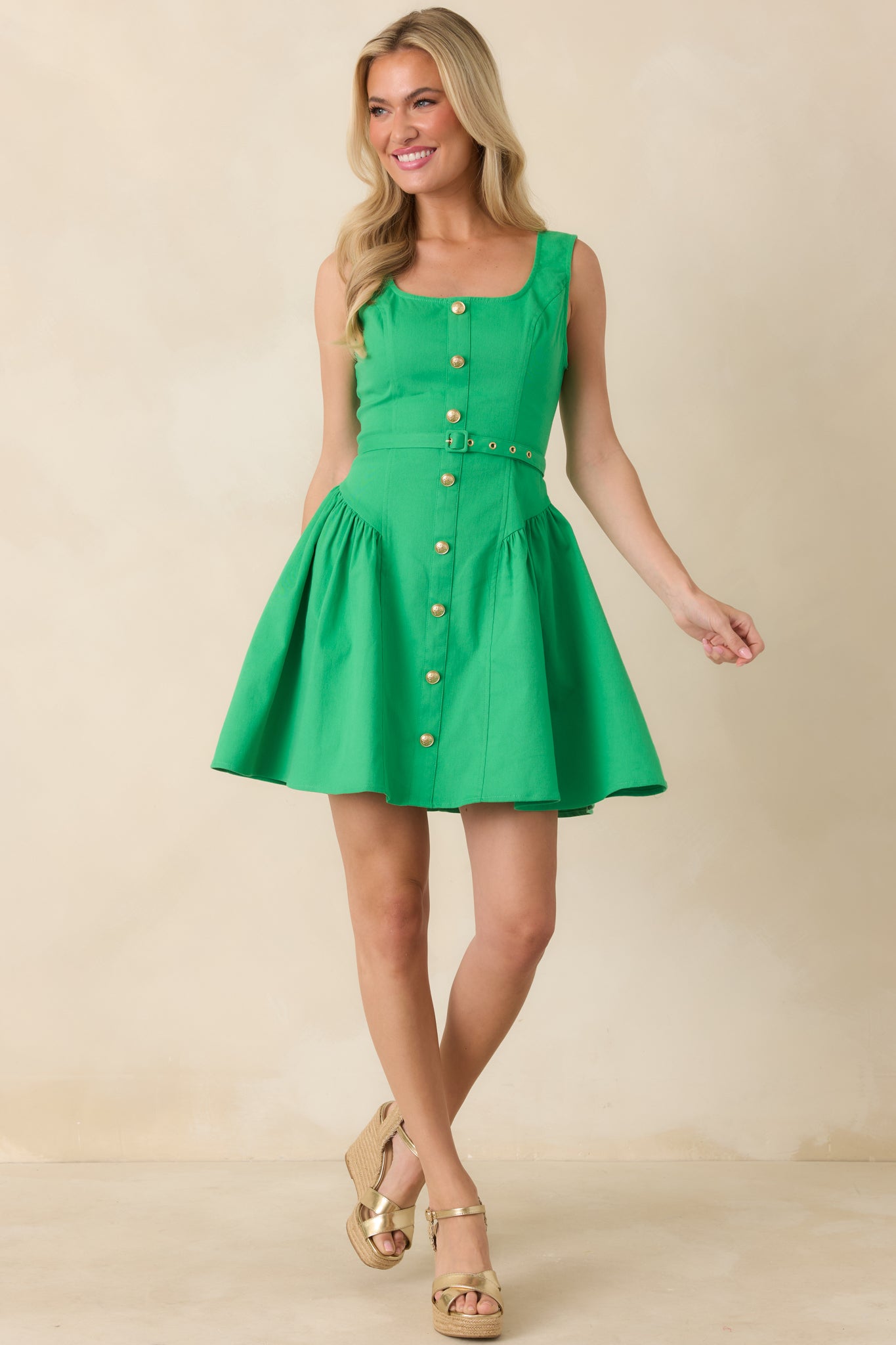 Green Cotton Belted Sleeveless Mini Dress - gazingly
