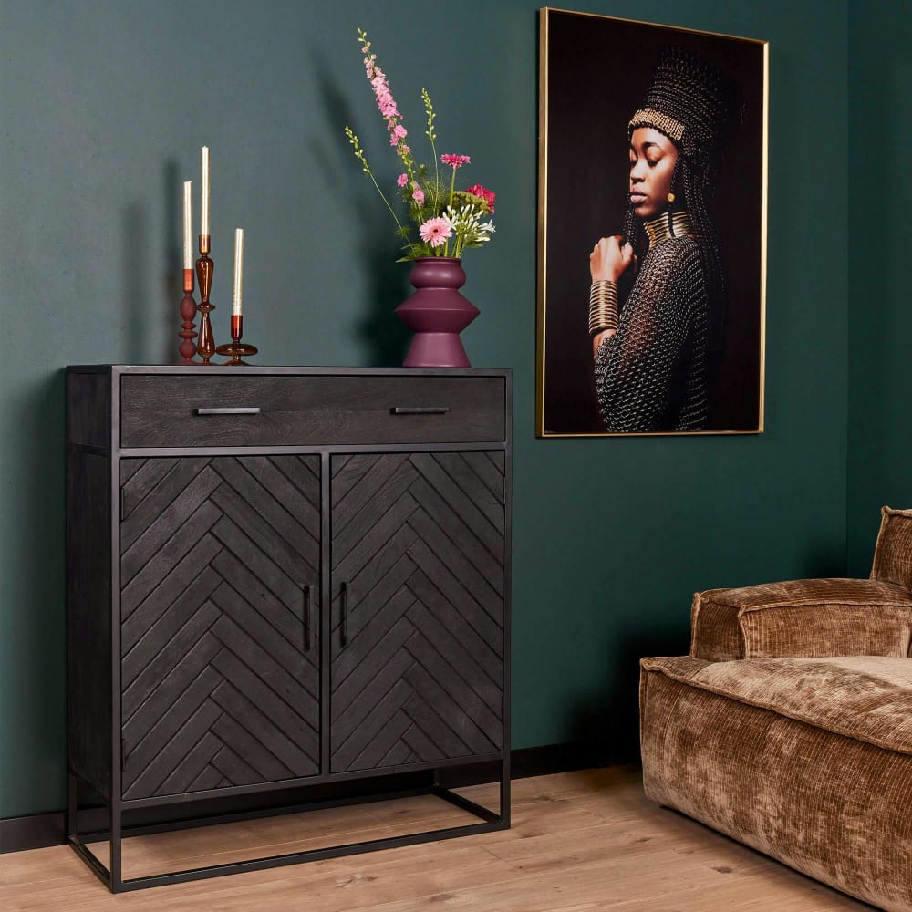 Alvera - Commode en bois noir 2 portes 2 tiroirs motif chevrons