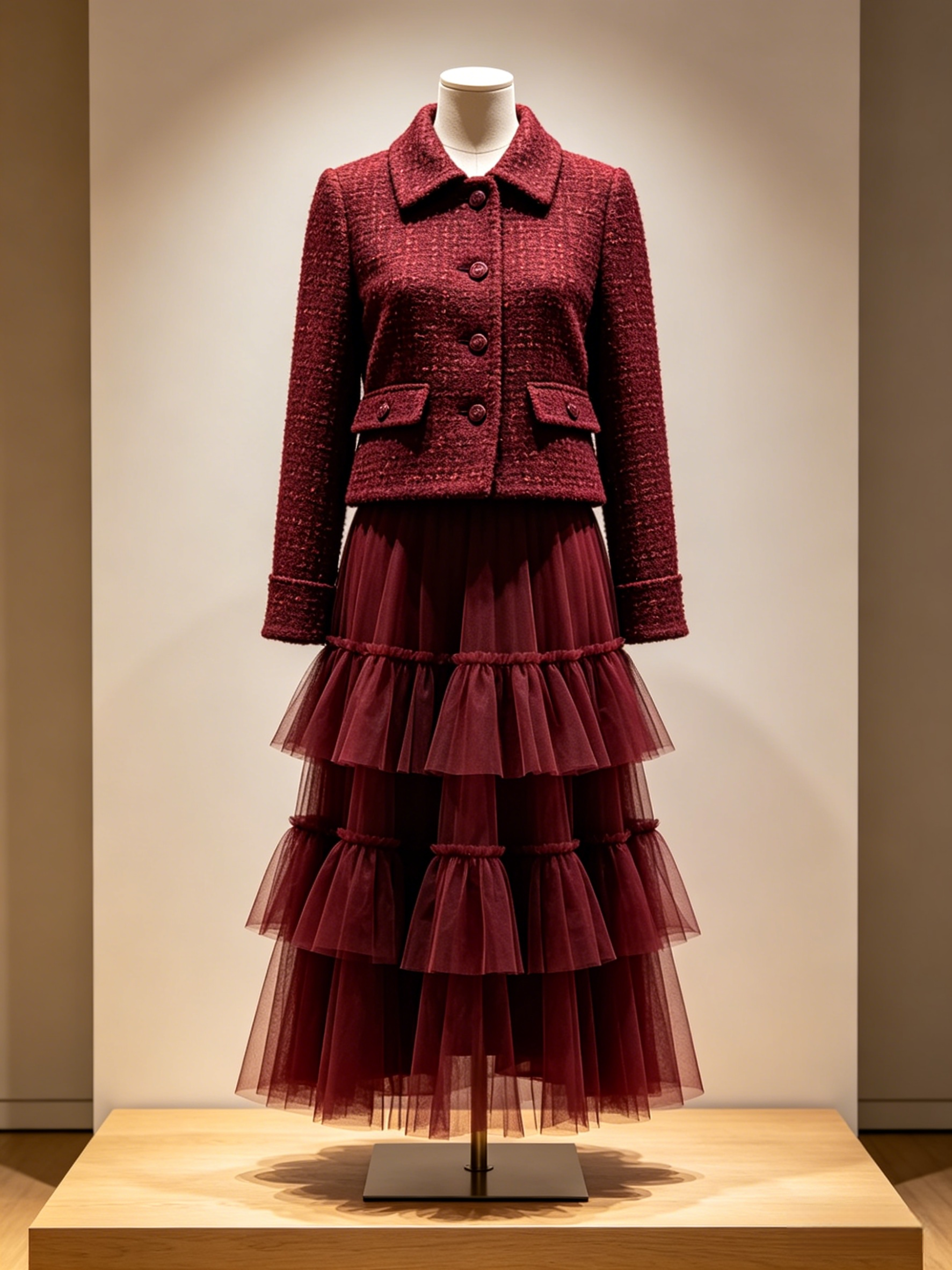 Arrival Burgundy Tweed Jacket & Tiered Tulle Skirt Set