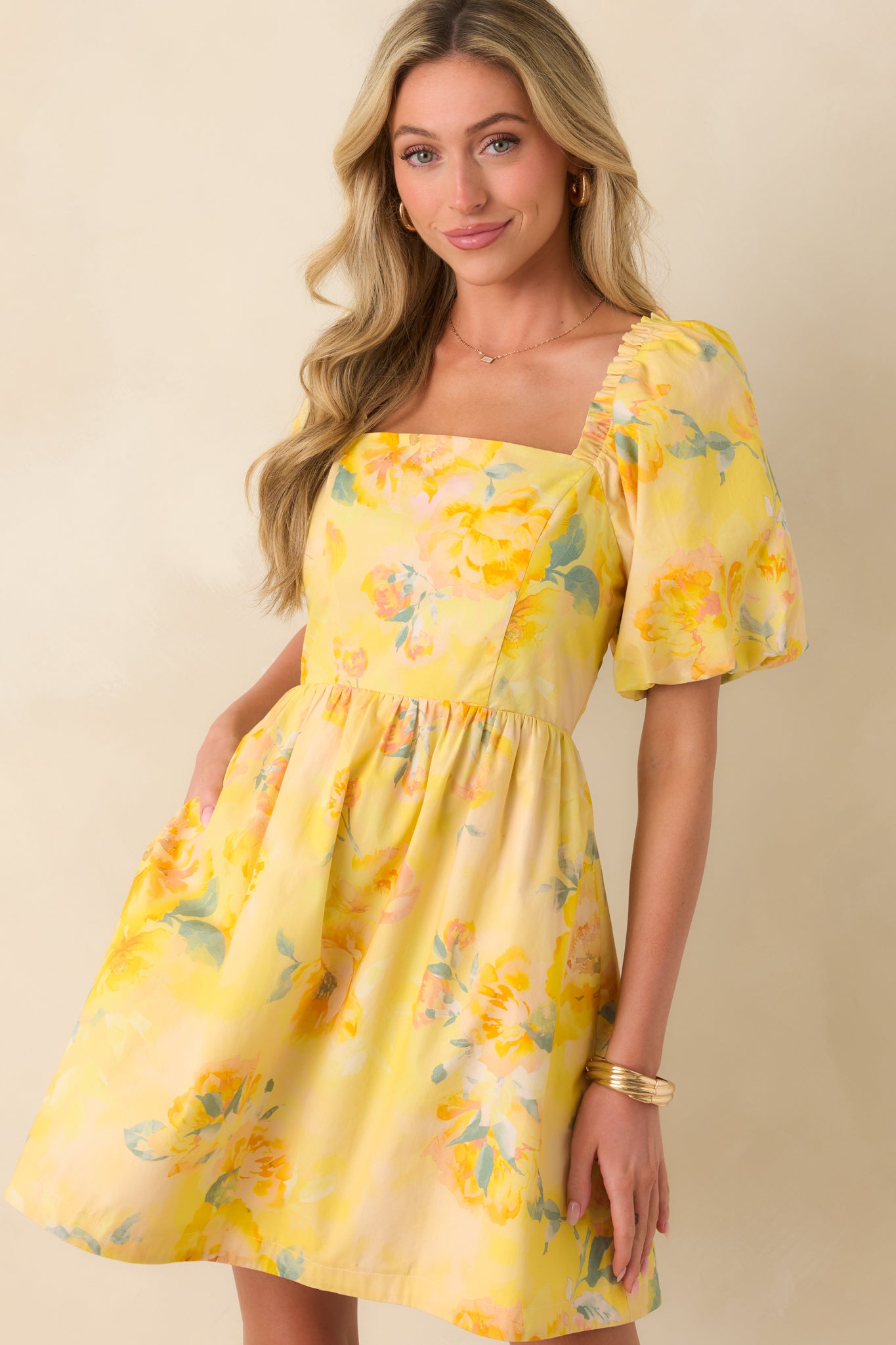 Butter Yellow Multi Floral Cotton Mini Dress - gazingly