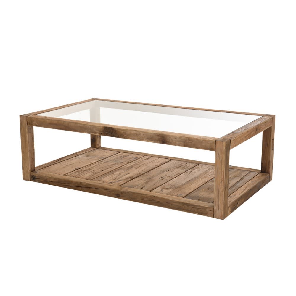 Andrian - Table basse 1 plateau verre 1 plateau bois en pin recyclé L140