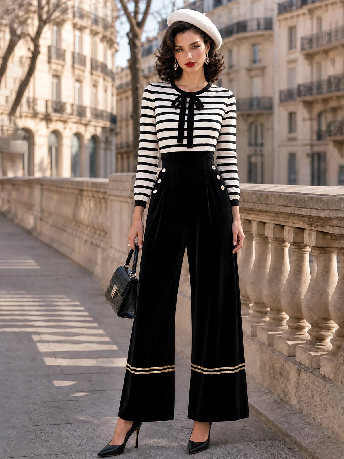 Striped Bow-Neck Velvet Wide-Leg Jumpsuit - jugjet
