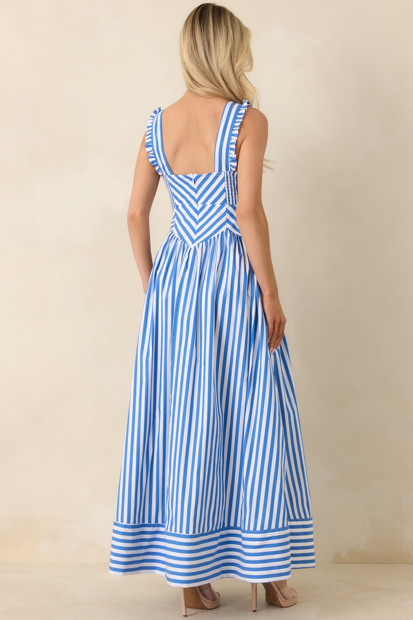 Blue Stripe Cotton Blend Sleeveless Maxi Dress - gazingly