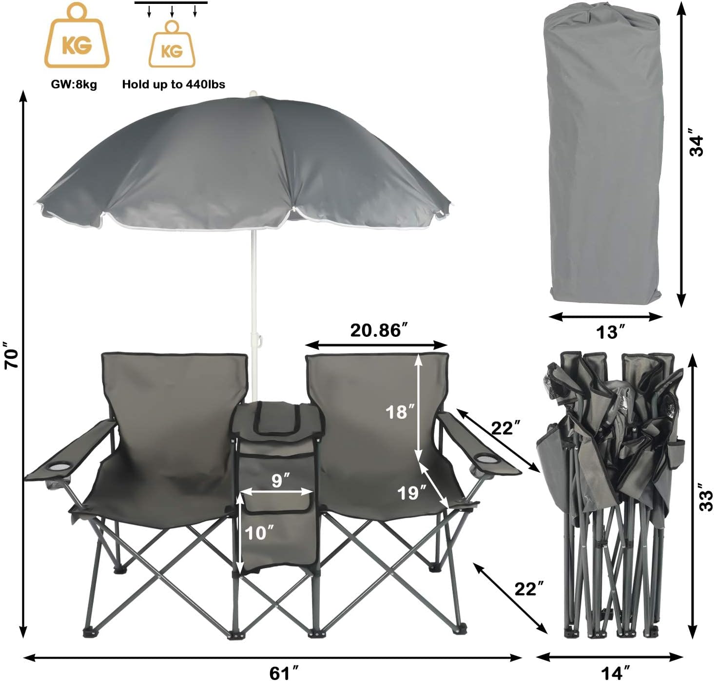💥🔥Limited-time Clearance✨Folding Picnic Double Chair With Umbrella/Table -1