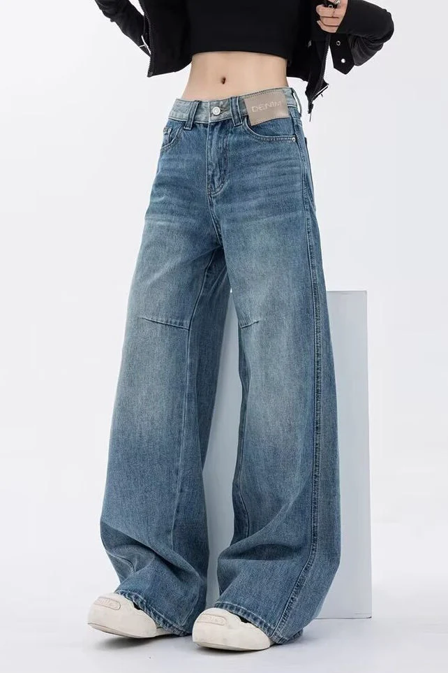 Casual Vintage Washed Spliced Wideeg Denim Trousers - gazingly