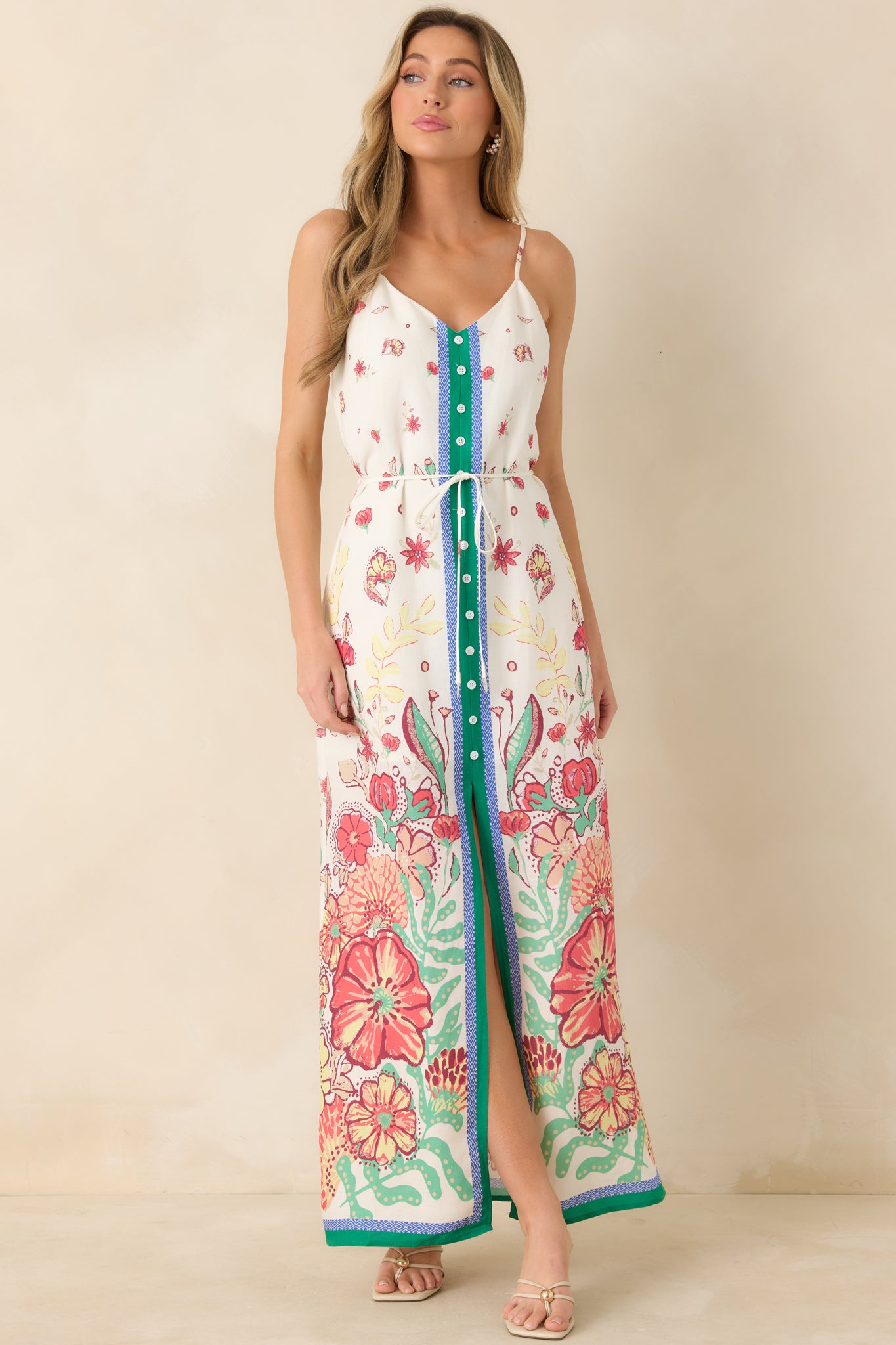 Floral Fantasy Green & Coral Pink Floral Maxi Dress - gazingly