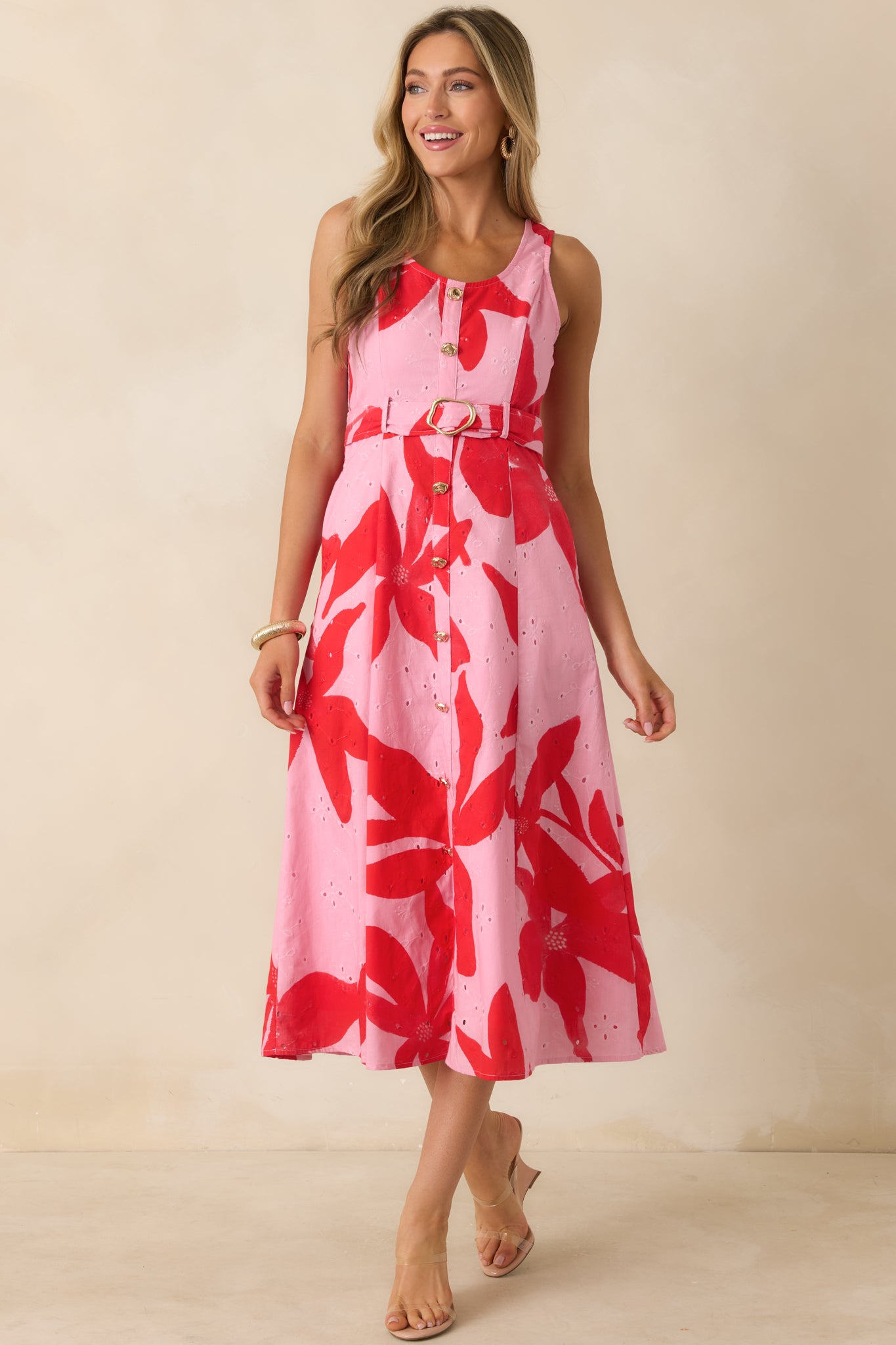 The Pink & Red Floral Embroidered Eyelet Cotton Midi Dress - gazingly