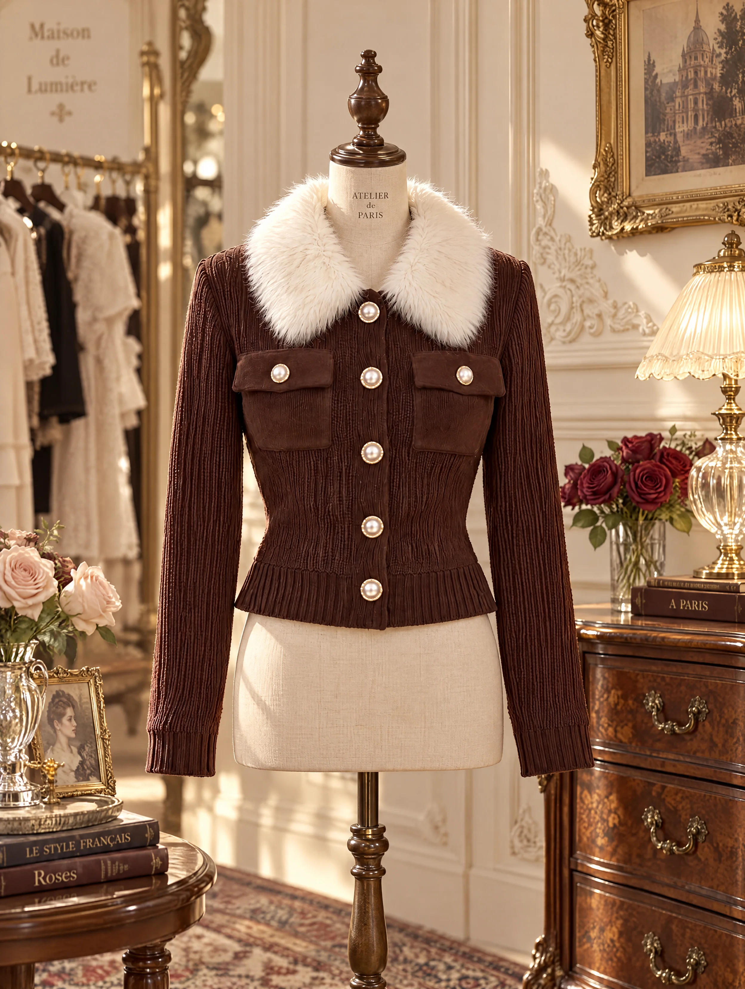 Faux Fur Collar Pearl Button Knit Jacket - jugjet