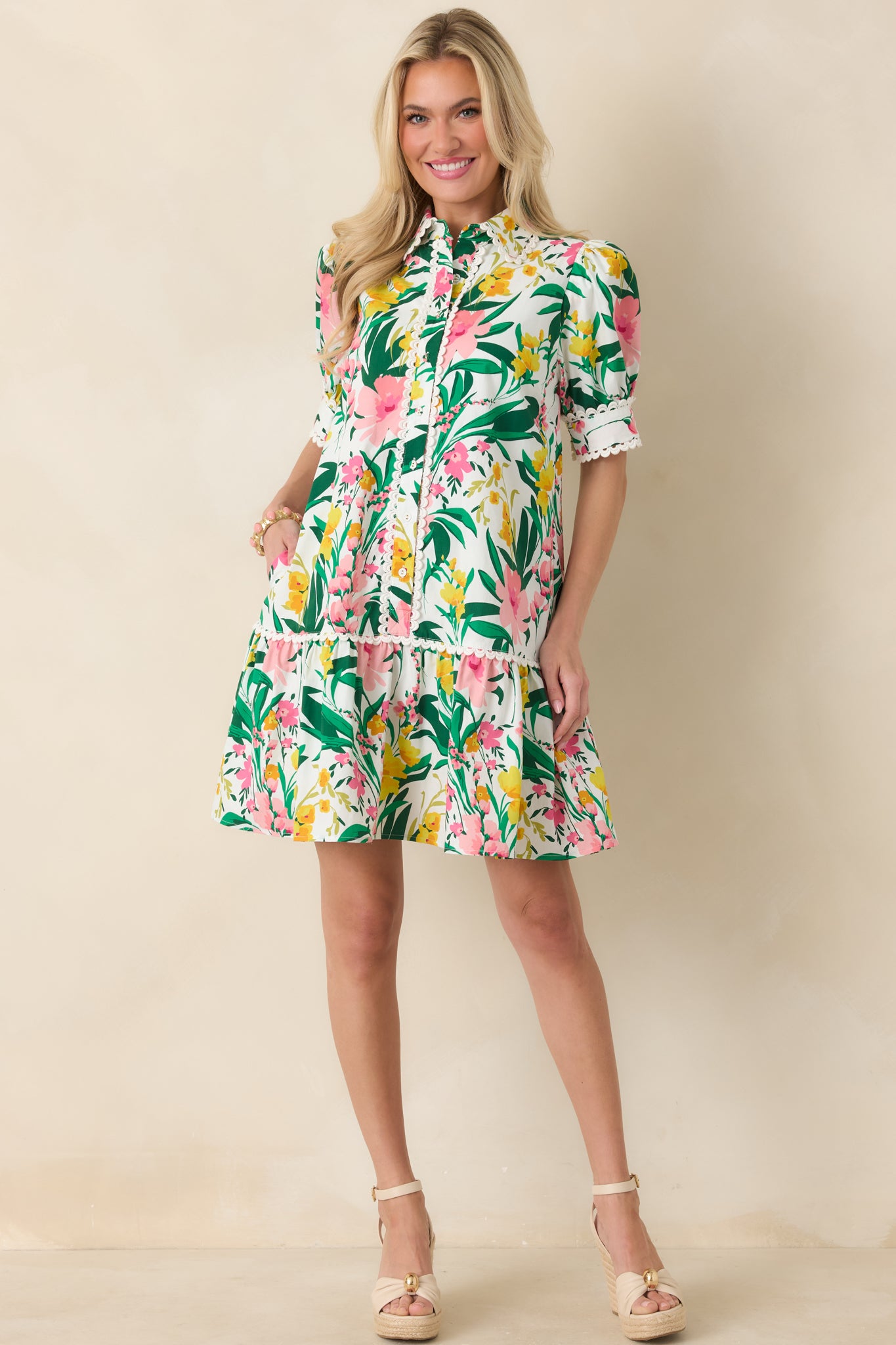 Green & Pink Multi Floral Cotton Mini Dress - gazingly