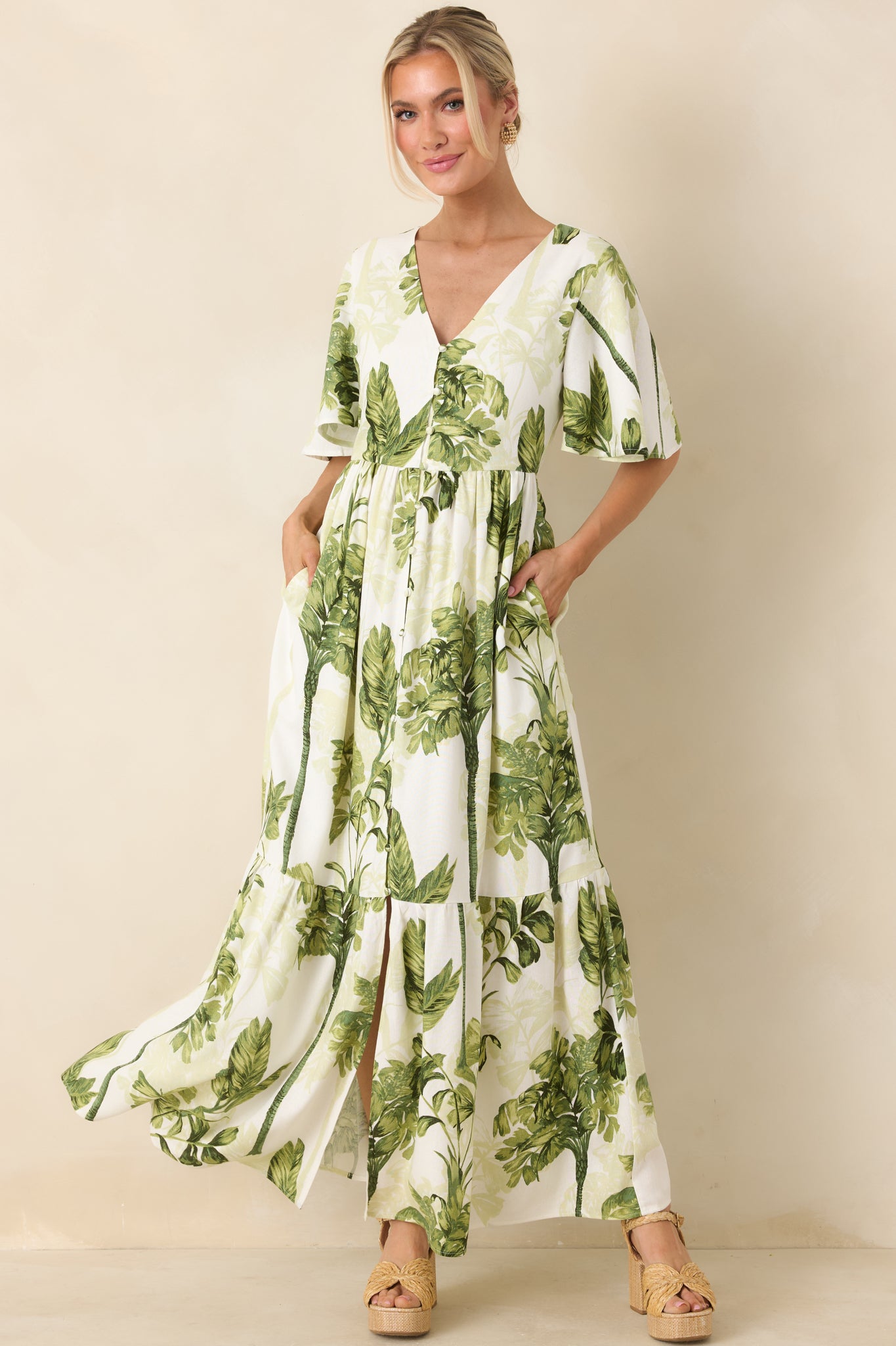 Under Swaying Palms Ivory & Green Tropical Flutter Maxi Dress - gazingly