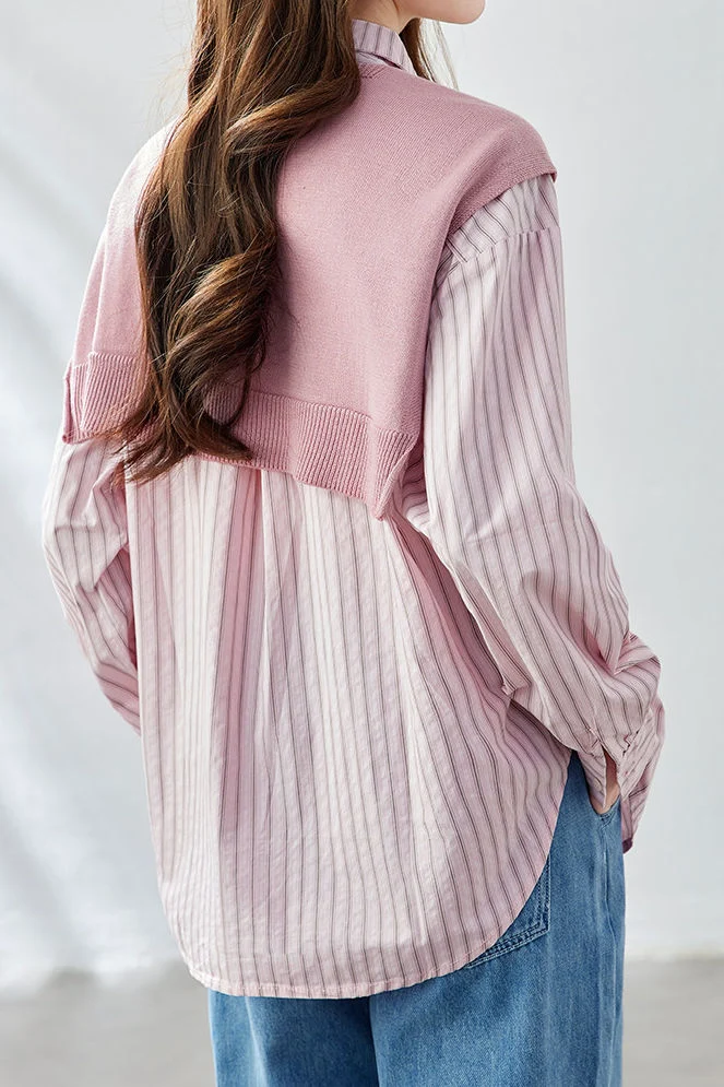 Casual Striped Patch Pocket Pure Cotton Shirt And Knit Shawl Two‑Piece Set - gazingly