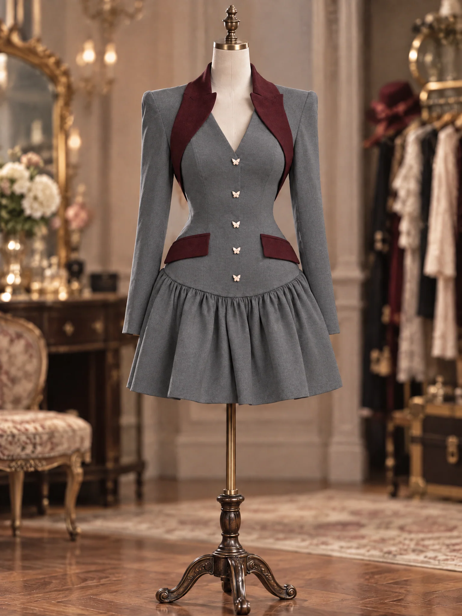 Wool Blend Contrast Burgundy Lapel Tailored Flared Mini Dress - jugjet