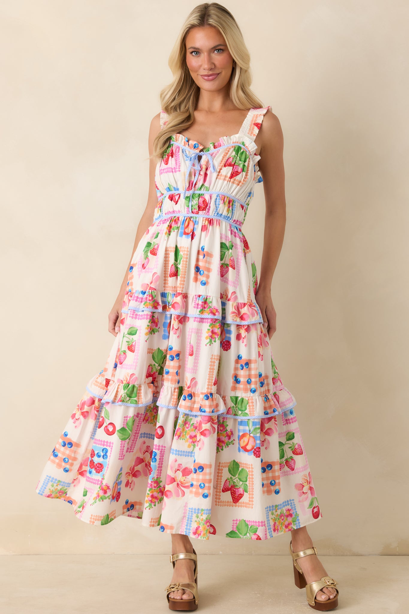 Multi Cotton Fruit Print Maxi Dress - gazingly