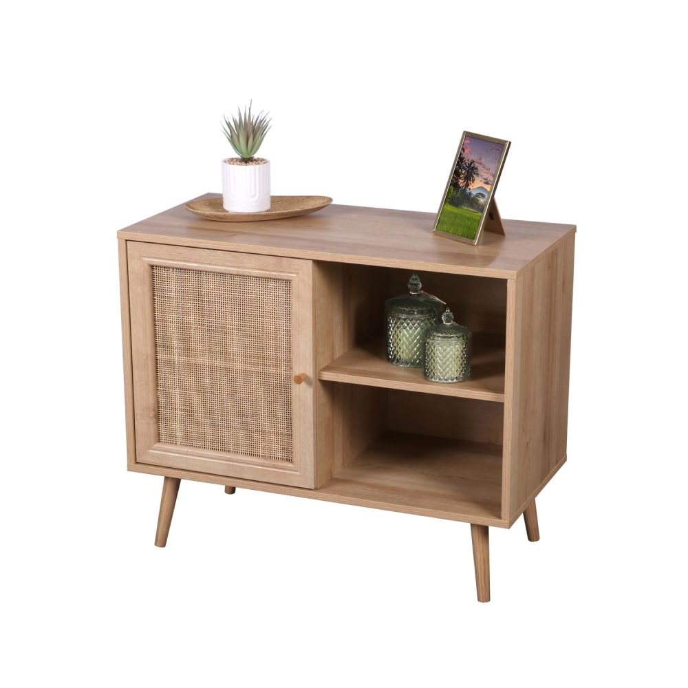 Bali - Commode 1 porte en cannage et effet bois beige