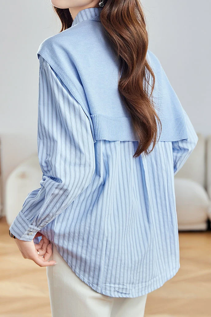Casual Striped Patch Pocket Pure Cotton Shirt And Knit Shawl Two‑Piece Set - gazingly