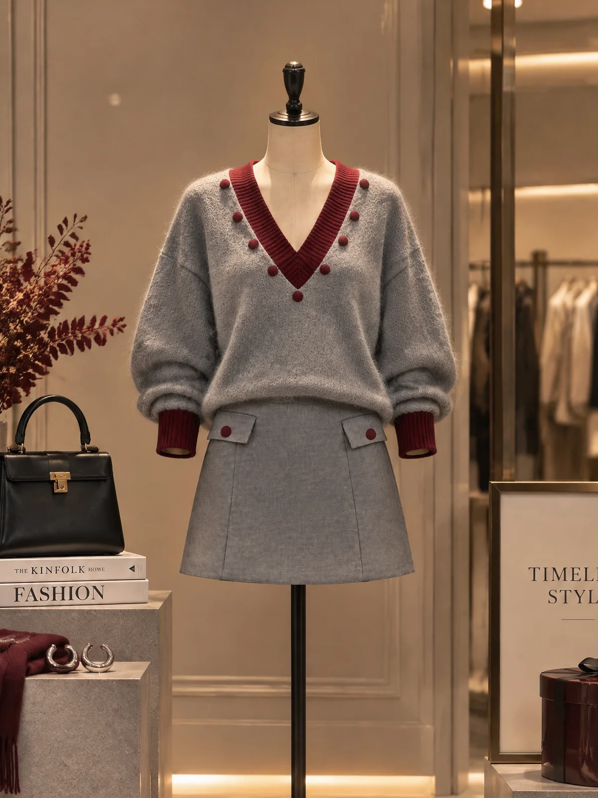 Pom-Trim Contrast V-Neck Mohair Sweater - jugjet