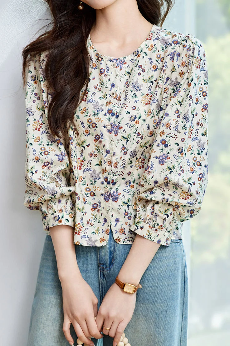 Fresh Pastoral Floral Lantern Sleeve Blouse - gazingly